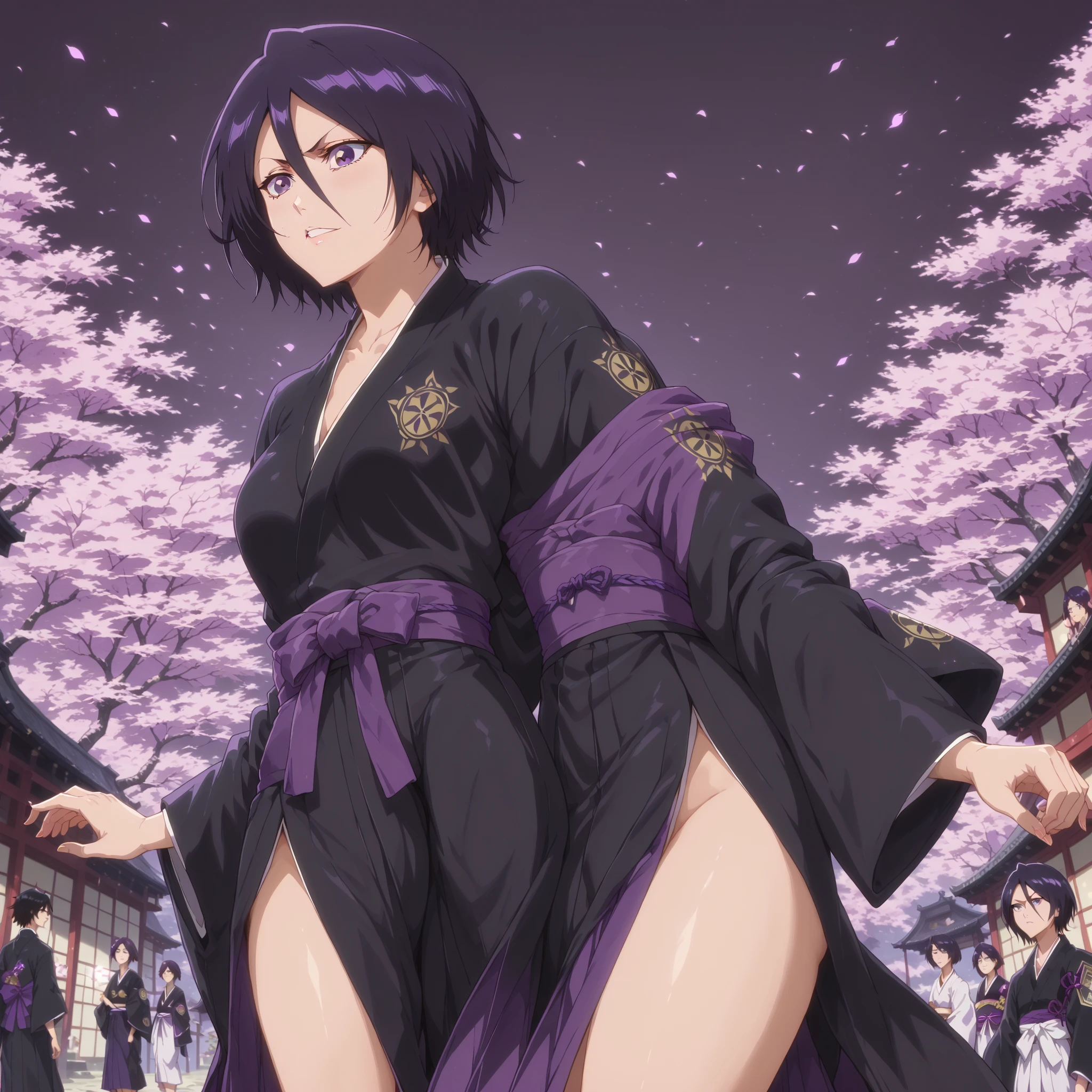 Scaramouche from Genshin Impact, half-length and facing backwards. He has short purple hair, with bangs that fall between his purple eyes. He wears a traditional red kimono. Dakimakura. He wears round earrings with tassels in his ears.