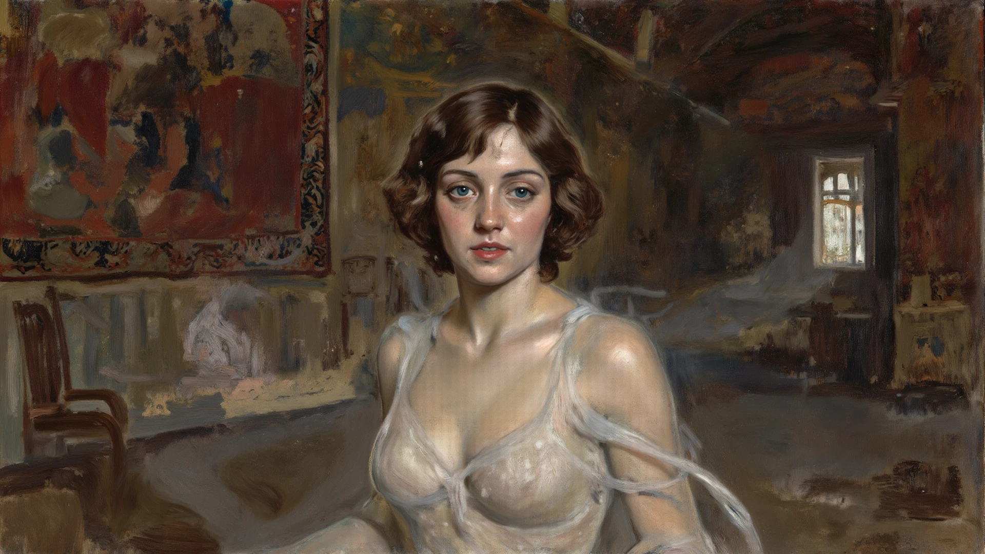 grisaille painting of gouache painting of drybrush technique on visible impasto modern simple oil painting.Complete body visible in center a superb gracious 1woman with very beautiful face and red hair, 18 year old, in tempting pose, visible gracious nude entire body, beautiful green eyes, unveiled, naked, normal breast, having a mysterious small smile, dark background, oil painting, impasto, artistic nude in alluring position, kinky indecent, entire body visible in tempting pose. chiaroscuro. impasto. fair skin. fair face. elegant. rough texture brushwork subtle detail expressive painterly . vibrant opaque rich detailed . monochromatic detailed realistic refined tonal