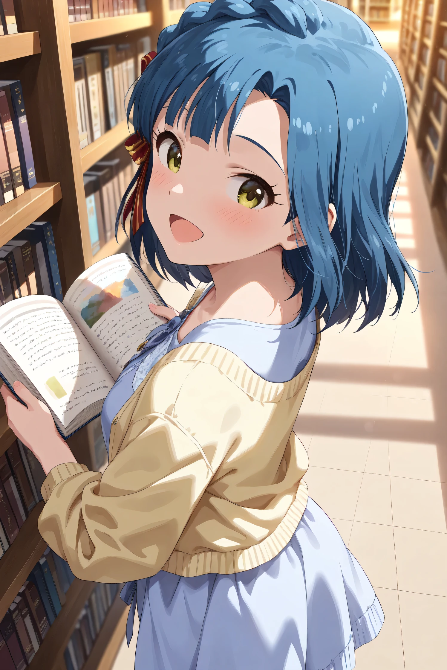 (Masterpiece), (Highest quality), (Very detailed),
(The best shape), (Best Shadow), (Absurd),
(Detailed background), (So beautiful), (Shiny),
(Extraordinary), (Countershading), (8k), (32K),
(High resolution), (Very Detailed CG), (UHD),
(Score_9), (Score_8_up), (Score_7_up),
(Source_anime), (Pastel painting:1.2),
(Watercolor painting:1.2),(Masterpiece, Detailed:1.2), (Foreshortening:1.2),
(Cinematic), (Dramatic), (Depth of field:1.4),
(Blurry background:1.4), (Realistic background:1.4),
(Dynamic angle), (1 girl),
(indoor), (evening), (Library), (from above),
(Casual wear:1.3),
(light blue one piece:1.2),
(yellow cardigan), (open cardigan),
(cowboy shot), (Focus on face), (Close up shot),
(Blush:1.3), (Happy), (Smile), (open mouth),
(looking back), (Holding a book),
(Realistic skin), (Shiny skin),
(Nanao Yuriko),
(The idolmaster million live!),
mirishita, yuriko, hair ribbon,