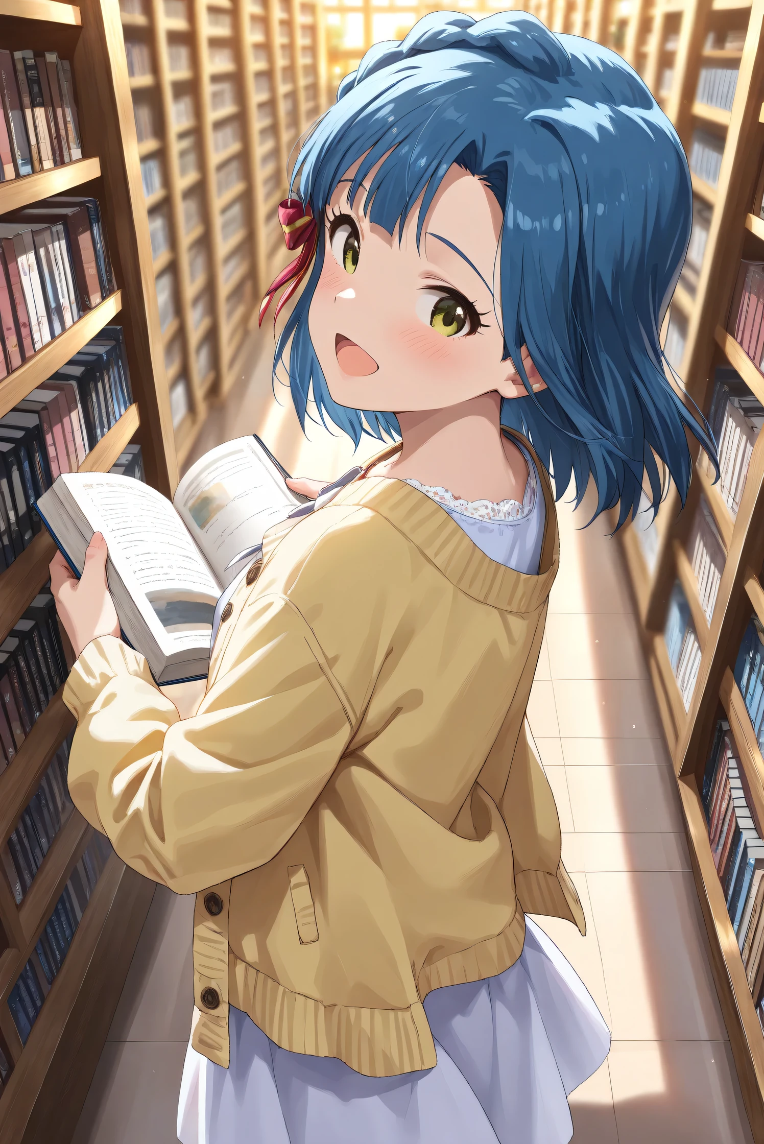 (Masterpiece), (Highest quality), (Very detailed),
(The best shape), (Best Shadow), (Absurd),
(Detailed background), (So beautiful), (Shiny),
(Extraordinary), (Countershading), (8k), (32K),
(High resolution), (Very Detailed CG), (UHD),
(Score_9), (Score_8_up), (Score_7_up),
(Source_anime), (Pastel painting:1.2),
(Watercolor painting:1.2),(Masterpiece, Detailed:1.2), (Foreshortening:1.2),
(Cinematic), (Dramatic), (Depth of field:1.4),
(Blurry background:1.4), (Realistic background:1.4),
(Dynamic angle), (1 girl),
(indoor), (evening), (Library), (from above),
(Casual wear:1.3),
(light blue one piece:1.2),
(yellow cardigan), (open cardigan),
(cowboy shot), (Focus on face), (Close up shot),
(Blush:1.3), (Happy), (Smile), (open mouth),
(looking back), (Holding a book),
(Realistic skin), (Shiny skin),
(Nanao Yuriko),
(The idolmaster million live!),
mirishita, yuriko, hair ribbon,