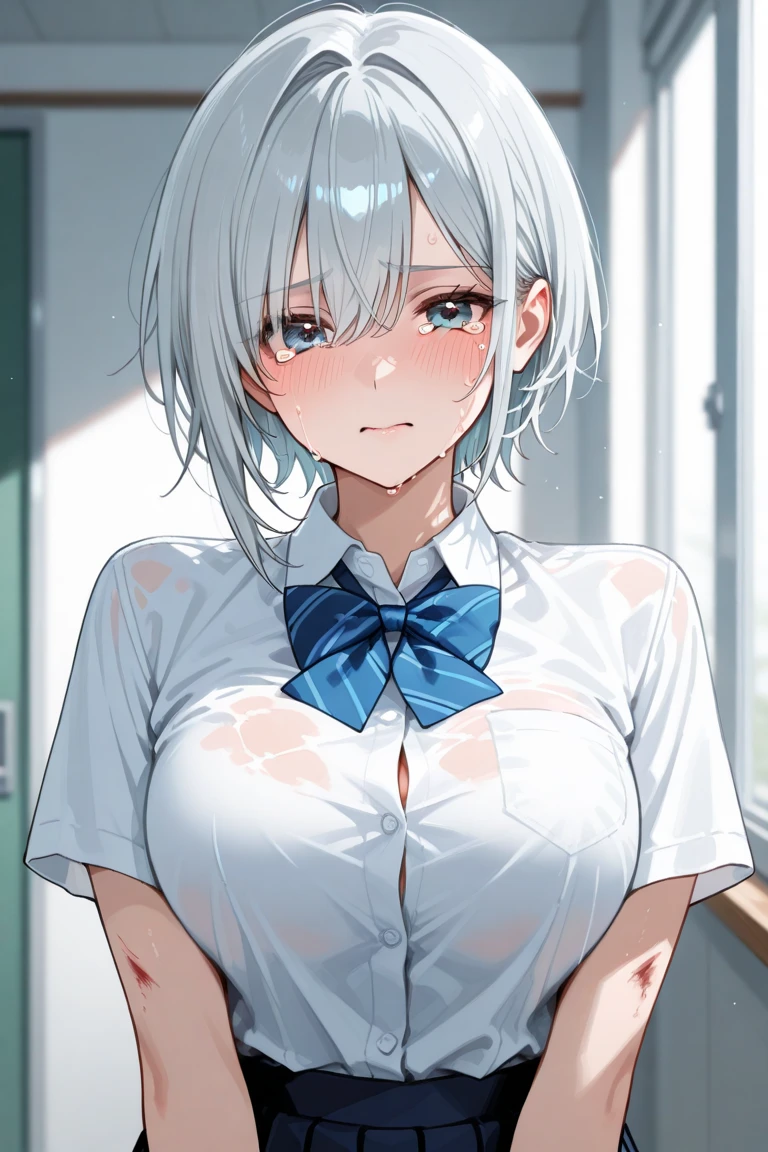 Saitou,(cowboy shot),cum in pussy:1.5,(short hair,short sleeved white sailor suit,underboob,naked lower body),ahegao,(crying:1.4),orgasm,(empty eye),out tongue,big breasts