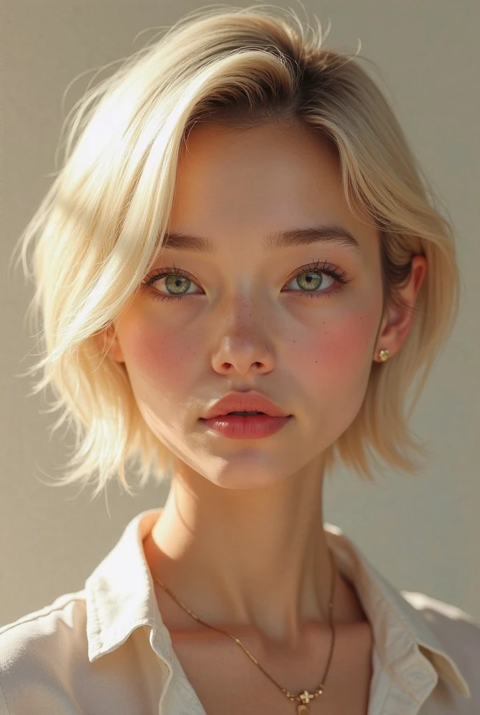 A painting，There is a short-haired woman in the painting, blonde，Healthy wheat skin tone，Dark lipstick，True artistic portrait, foto do rosto, lifelike portraits, delicate perfect face,, Delicate and charming face, Perfect proportions and exquisite face shape, The perfect art of photography, Realistic and beautiful face, Very detailed portraits, White background