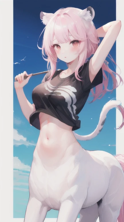 (best quality, masterpiece), 1 girl, centaur, It takes, White skin, Korean ,daughter,black pink,Smiling, exposing the abdomen, belly button t-shirt , 아름다운 소녀 Perfect wild white tiger photo, Perfect wild white tiger photo