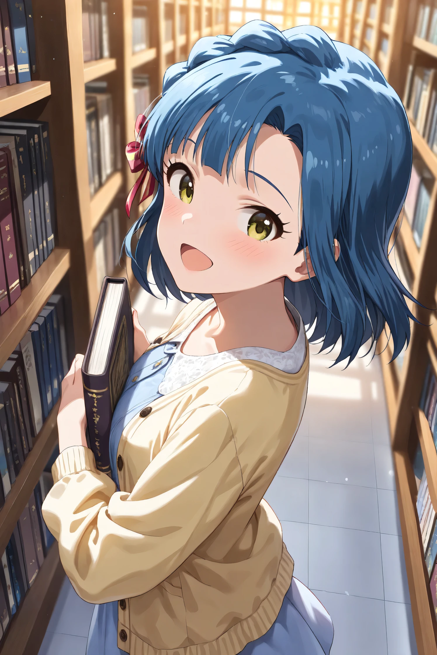 (Masterpiece), (Highest quality), (Very detailed),
(The best shape), (Best Shadow), (Absurd),
(Detailed background), (So beautiful), (Shiny),
(Extraordinary), (Countershading), (8k), (32K),
(High resolution), (Very Detailed CG), (UHD),
(Score_9), (Score_8_up), (Score_7_up),
(Source_anime), (Pastel painting:1.2),
(Watercolor painting:1.2),(Masterpiece, Detailed:1.2), (Foreshortening:1.2),
(Cinematic), (Dramatic), (Depth of field:1.4),
(Blurry background:1.4), (Realistic background:1.4),
(Dynamic angle), (1 girl),
(indoor), (evening), (Library), (from above),
(Casual wear:1.3),
(light blue one piece:1.2),
(yellow cardigan), (open cardigan),
(cowboy shot), (Focus on face), (Close up shot),
(Blush:1.3), (Happy), (Smile), (open mouth),
(looking back), (Holding a book),
(Realistic skin), (Shiny skin),
(Nanao Yuriko),
(The idolmaster million live!),
mirishita, yuriko, hair ribbon,