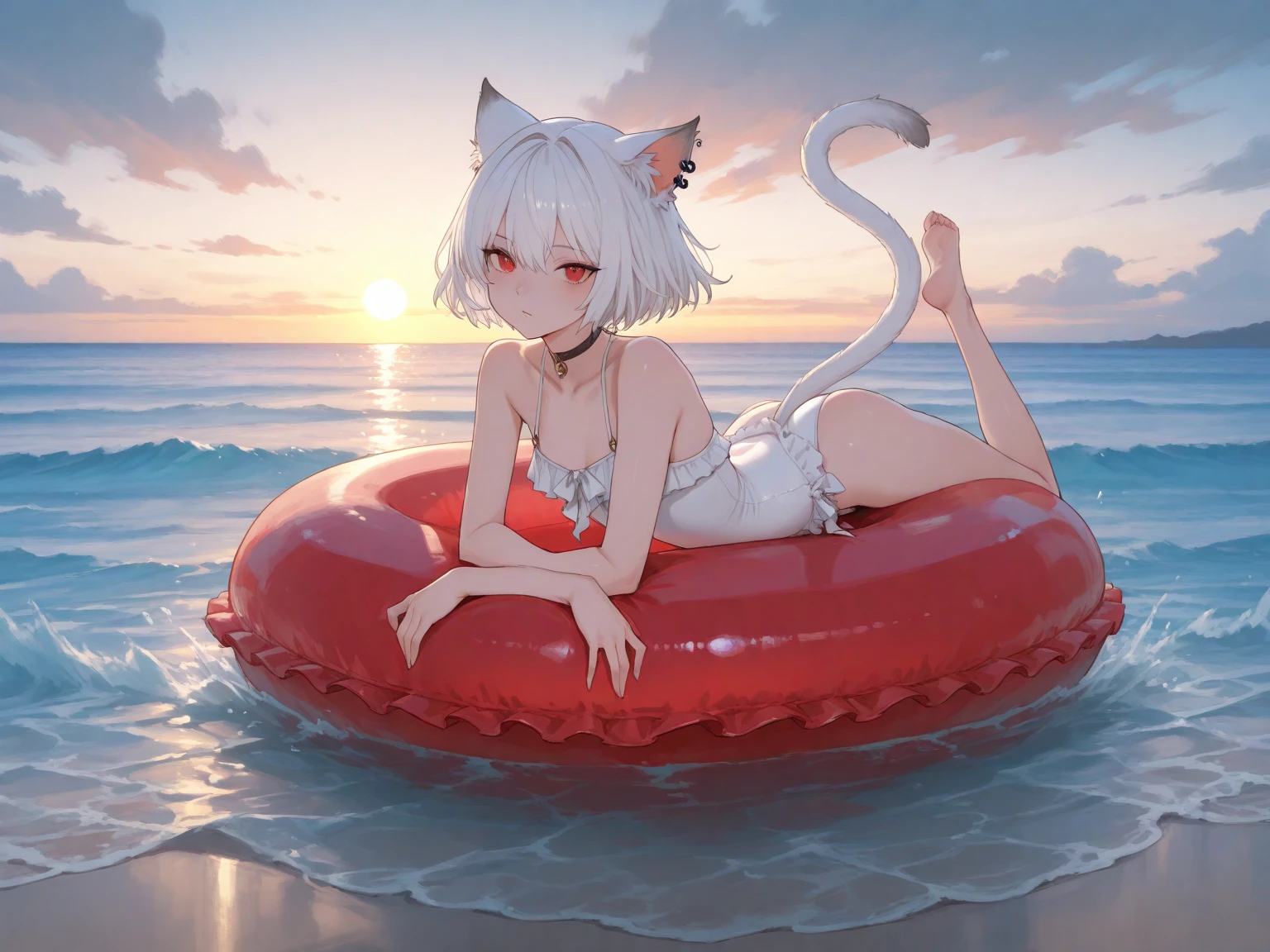 White hair,huge tit,Two-dimensional,red pupils,cat ear,Bikini swimwear,is shy,chiquita,Be red in the face,Blindfolds,solo person,Stand on one foot,Briefs,swim wears,Breast-tie your hands,From the side Side