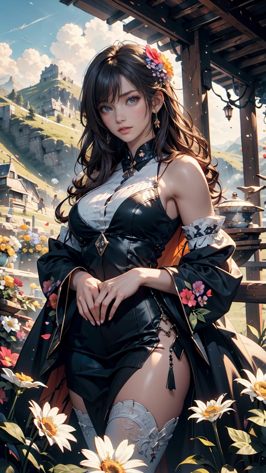 absurdres, RAW photo, extremely delicate and beautiful, masterpiece, Best Quality, ultra high resolution, 32k, hyperrealistic, ultra-detailed, delicate facial features, beautiful detailed woman, tearful mole, earring, medium breasts, full body shot, medium hair, black hair, pirate captain, intricate pirate clothing,