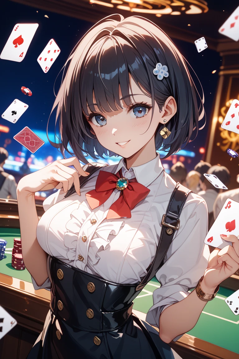 (Sit comfortably in a chair:1.3),(beautiful idol girl playing poker:1.7),playing card details,picture,steampunk king, Cute face,Extreme close up of face,Shiny light brown and orange striped short hair,Messy ponytail,Cute Smile,Perfect round face,Iris,(hairpin、ponytail、Floating Hair、),Chest slip,(Emphasize large breasts:1.3).Professional Lighting,Cinematic Light,(Tabletop,highest quality,Ultra-high resolution output images,) ,(8k quality,),(Sea Art 2.0 mode:1.3),(Picture Mode Ultra HD,)
