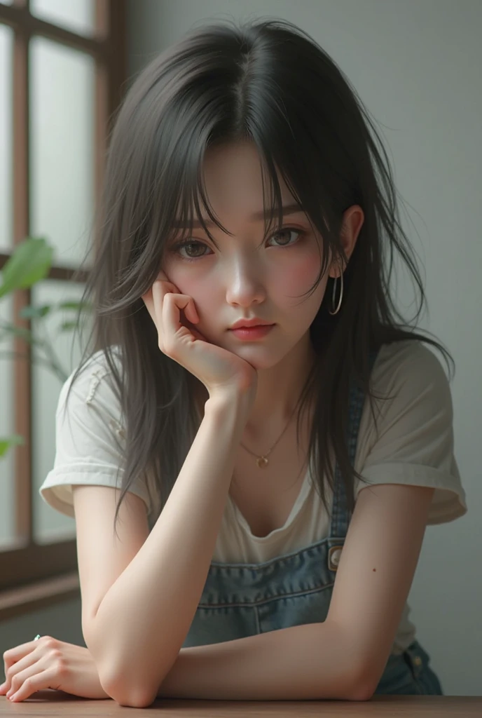 An extremely cute and delicate girl is lying on the windowsill worriedly. She has long dark brown hair, dreamy eyes, flawless skin, wearing a white T-shirt, front camera, (best quality :1.4),perfect, (masterpiece :1.4),(absurdres :1.4),8K