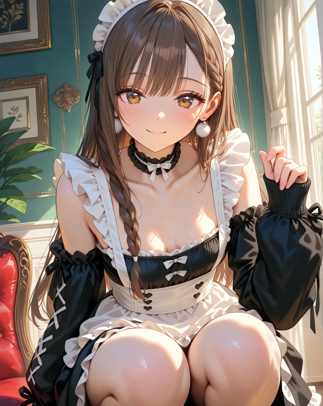 ((highest quality, High resolution, Perfect Pixel, 4K))), 1 female, Beautiful woman、I could see the whole body、apartment、 ((Twin tails, bangs, Brown Hair)), ((Brown eyes, Beautiful eyelashes, Realistic eyes)), ((Detailed face, blush:1.2))、((Smooth texture:0.75, Realistic texture:0.65, Realistic:1.1, Anime CG Style)), Large Breasts, Perfect body, (Erect nipples:0.95), )((black and white maid outfit、corset、Ribbon at collar.、Long skirt、garter belt、Knee socks)), Embarrassed smile、Kneel with your knees closed、(Skirt flip:1.2), (Shorts made with intricate and luxurious decorative lace、white lace satin panties:1.3), diagonal side angle, Dynamic Angle