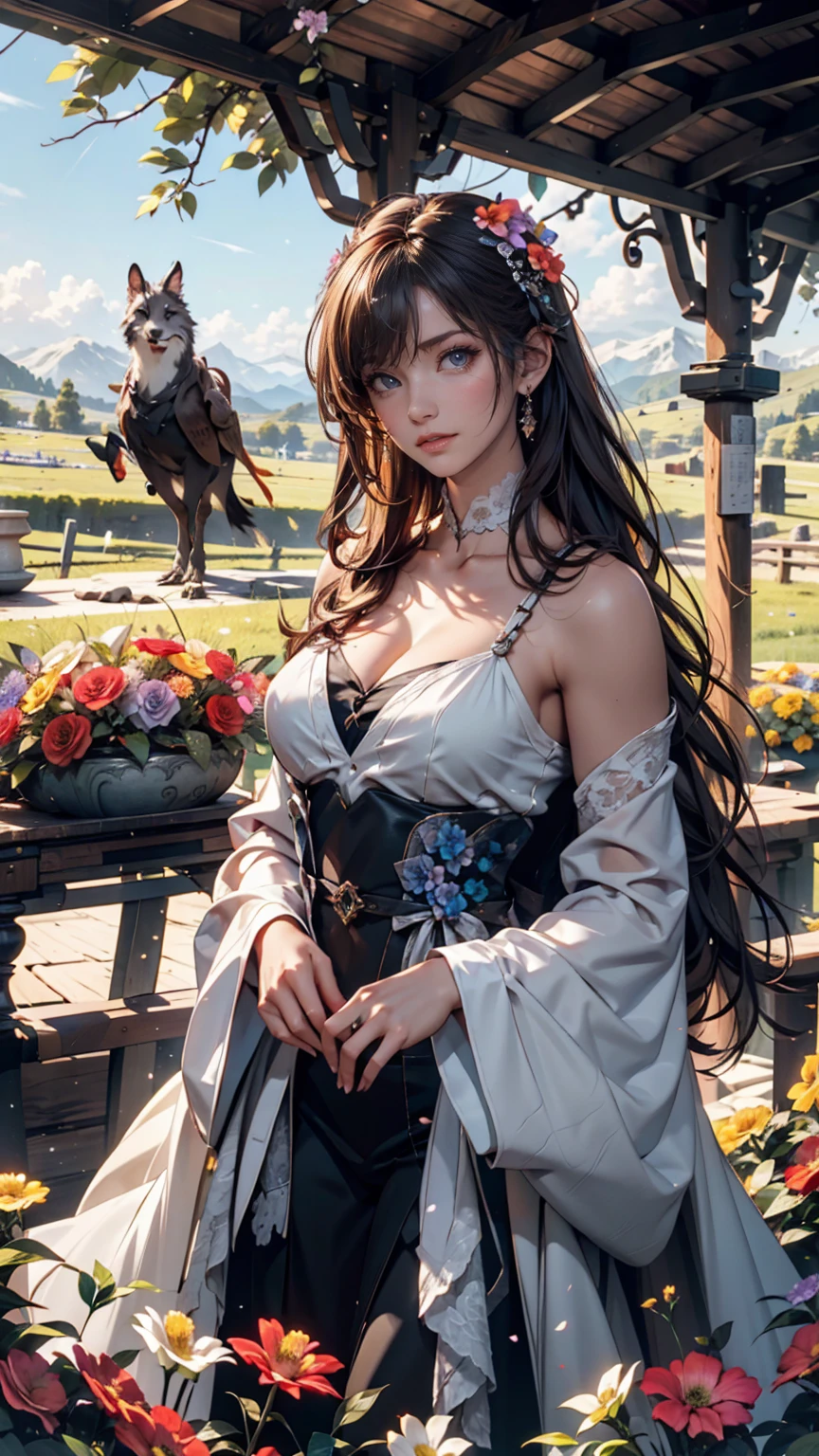 1girl in, animesque, Bethel, Blue eyes, Moist eyes, bbw, large full breasts, Long hair, brown haired, Hair over one eye, Bangs, One ear is visible, Big shirt, Solo, Unbuttoned shirt, cleavage of the breast, beautifull hands, perfect hands with no flaws, White shirt, bending forward,directly in front, Emphasize the chest with arms, Cat's ears, Smile, (masutepiece), (Best Quality), (ultra-detailliert), a park, Background, Sunset sky,