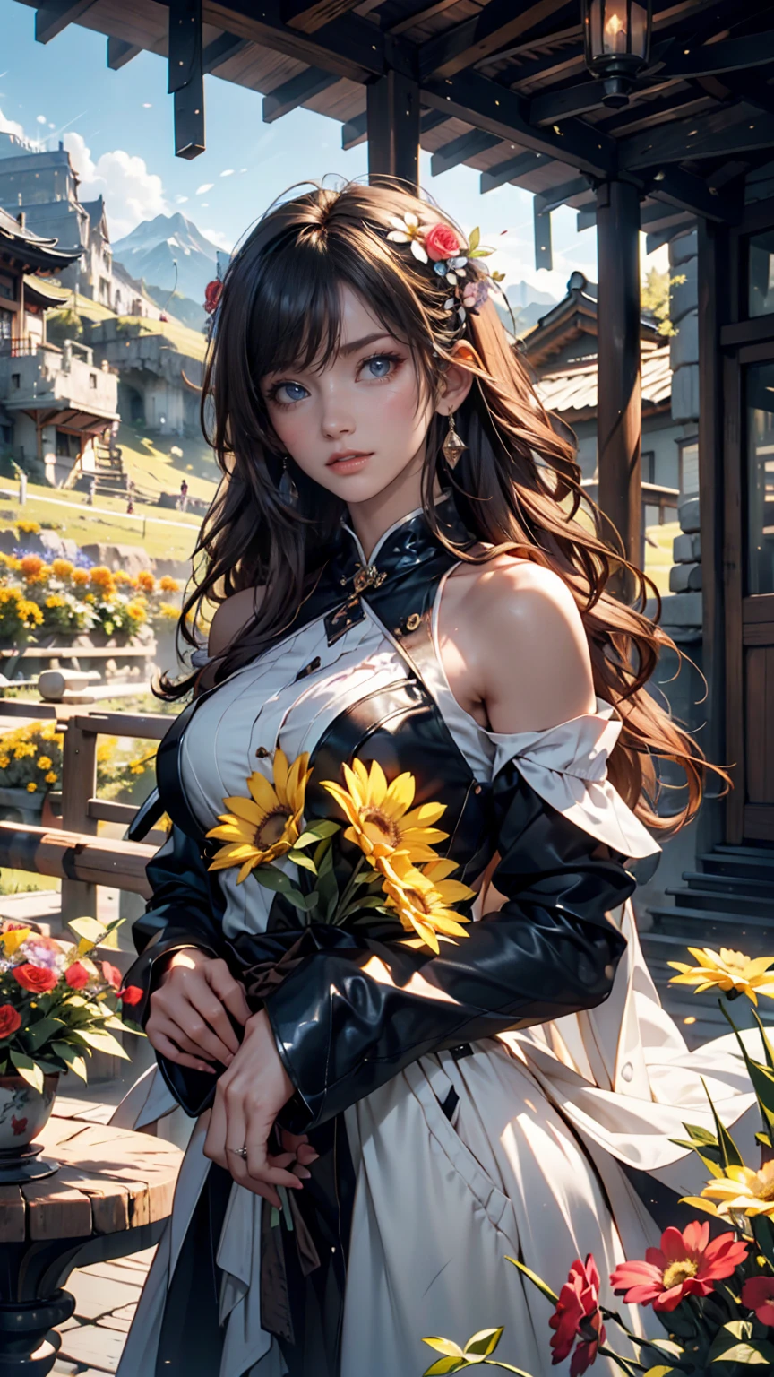 (ultra realistic,32k,RAW photo:1.1),(high detailed skin:1.1), 8k uhd, dslr, high quality, film grain, (makeup, mascara:1.1), lips,(thick\lips\),
(shiny glossy translucent clothing:1.1), <lora:Hyouki_Senran-Kagura-10:0.5>hyoukiSK, black hair, hair between eyes, bangs, very long hair, (yellow eyes:0.5), yellow rose, black headwear, black hat, black dress, frilled dress, black gloves, elbow gloves, belt, frilled skirt, asymmetrical legwear, uneven legwear, striped, single thighhigh, <lora:add_detail:0.92>, huge breast, (upper body:1.2),
Standing on tiptoes with hands reaching upwards,
(busty:1.1) , (chubby:0.1),(polarized light:1.2),<lora:LowRA:0.4>, dark theme, farm, barns and silos, working fields, rural
