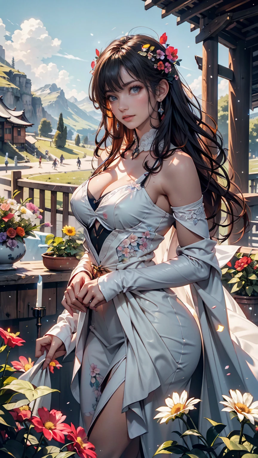 Elegant woman standing on balcony overlooking mountains in floral hip skirt, delicate face, double eyelids, wearing earrings, depth of field, blurred background, Gaussian blur, mountain background, showing unique and attractive gestures, abs, central symmetry, ((Helios 44-2 58mm F2)))