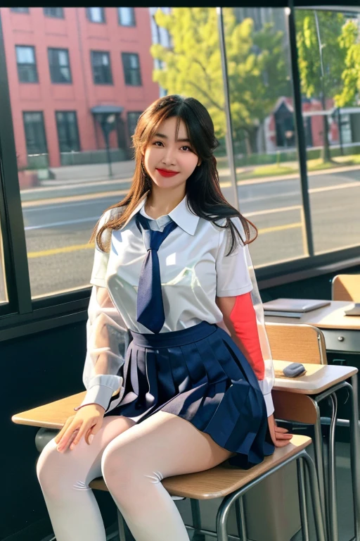 masterpiece, Bokeh, (Beautiful Face), (Detailed face), (Perfect hands), (Japanese Idols:1.6), (school uniform:1.3), (Ultra-realistic pantyhose:1.3), (Sit at the top of the tower:1.3),( Large bridge construction site:1.3), (Blushed:1.3), Working boots, (From below:1.5), Beautiful mature woman、