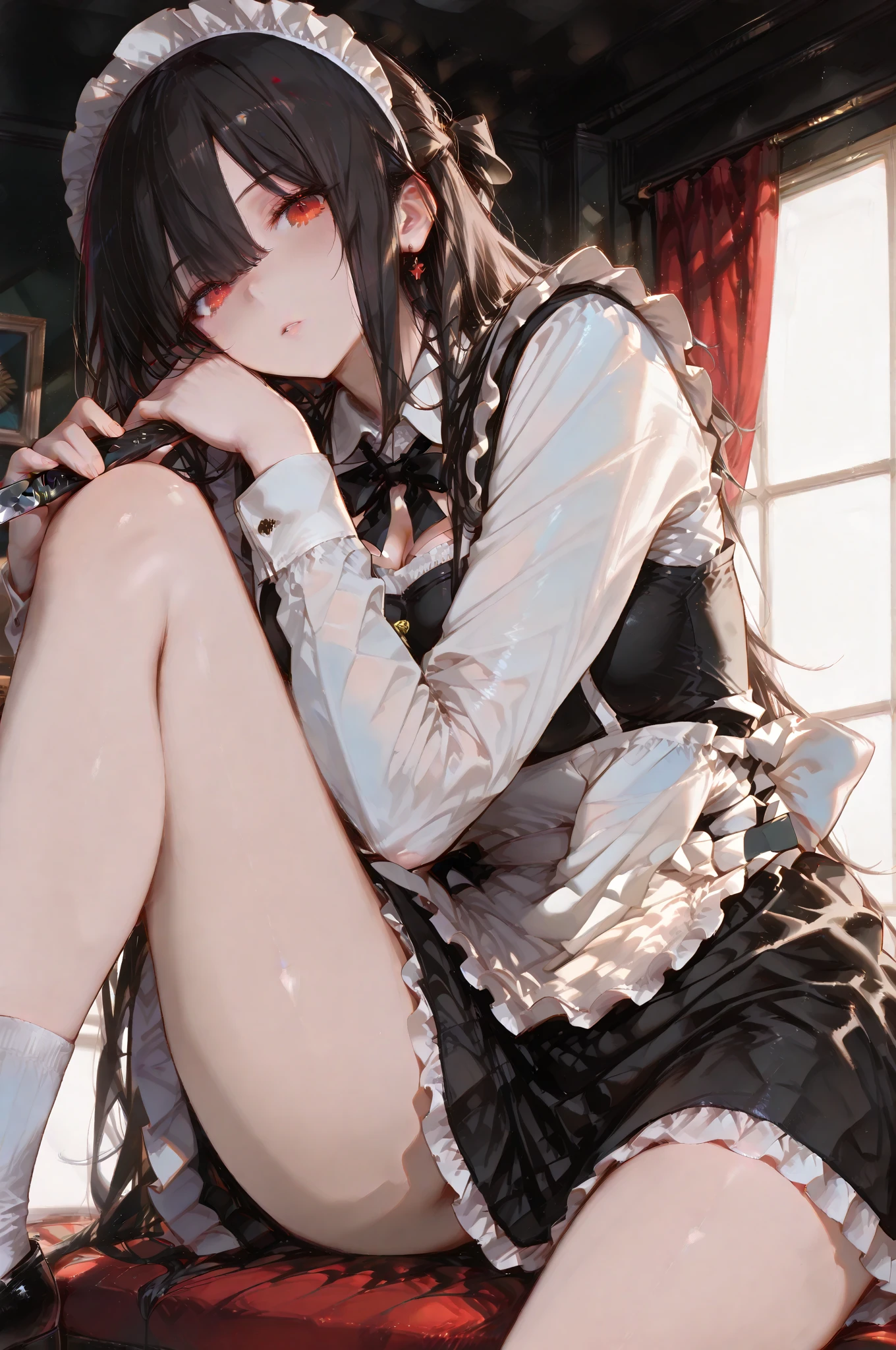 1girl in, [Twin-tailed], Shaded face, Maids, Crazy, skirt rift, pantiy, [self lift]、eye glasses、put on glasses、eye glass、Blunt bangs、Red brilliant eyes、Sexy、Nasty face、maid, over-kneehighs,Ahegao , Silly,Sexual ecstasy,Drunken eyes,Blunt bangs, Black hair,(masutepiece:1.2, Best Quality), (finely detailed beautiful eye: 1.2), (Detailed background,Dark Fantasy), (beautifull detailed face), High contrast, (Best Illumination, extremely delicate and beautiful), ((Cinematic Light)), Colorful, Hyper Detail, Dramatic light, Intricate details,