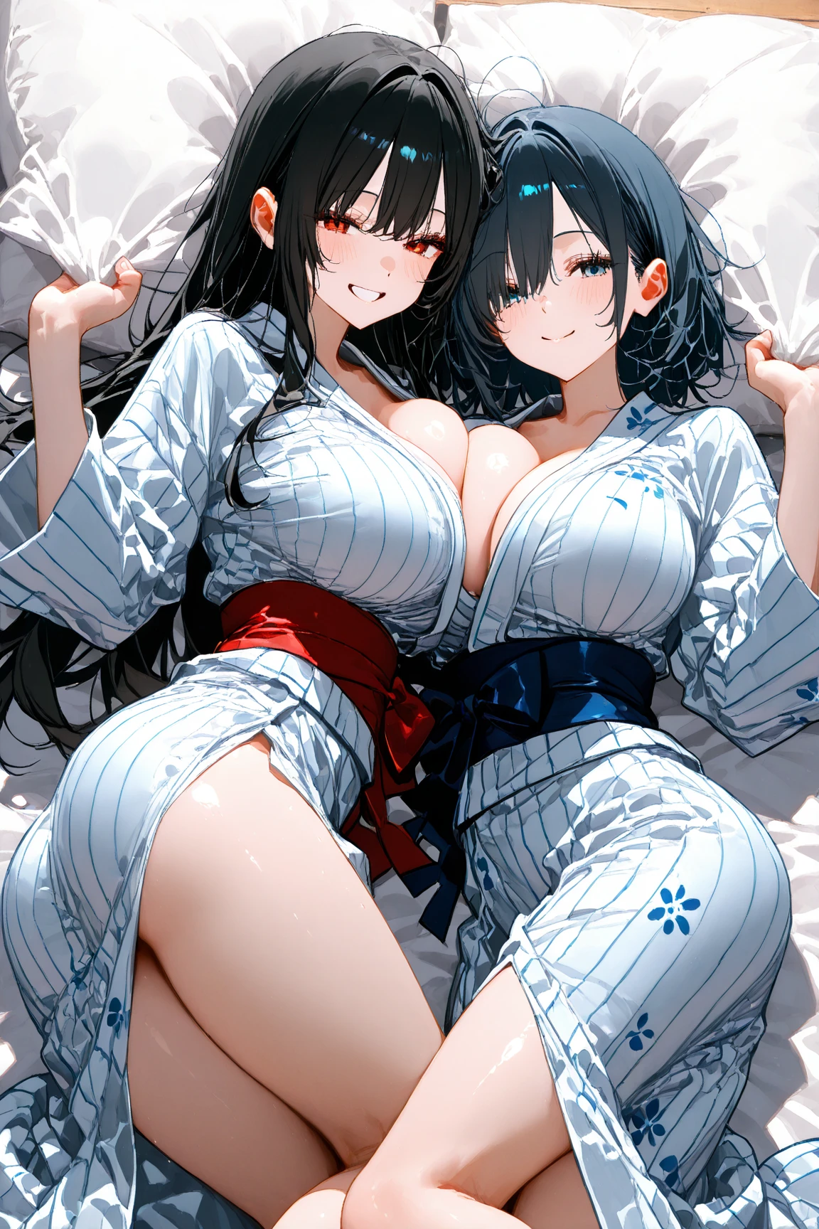 two girls with big breasts、Lying down position、brown hair、black hair、brown eyes、smile、long hair、dog ears、Kimono Maid Clothing、slipper、belt、Bed、Japanese style room