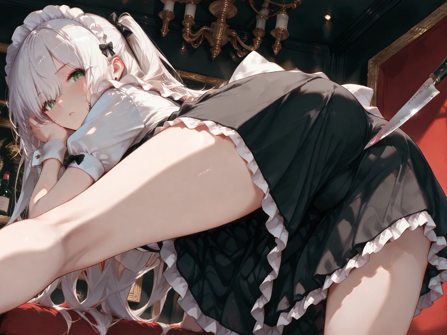 (best quality,4k,8k,highres,masterpiece:1.2),ultra-detailed,shy blushing girl in an aristocrat's house,maid costume,full-body portrait, undressed, wearing black string and bra, black stockings, lush garden backdrop,delicate lace apron,polished silver tray,vintage room decor,classical music playing in the background,eye-catching chandelier,carefully arranged flowers,old-fashioned furniture,ornate mirror reflecting her beauty,tranquil atmosphere,subdued color palette,evoking a sense of nostalgia,expressive eyes,beautifully painted lips。