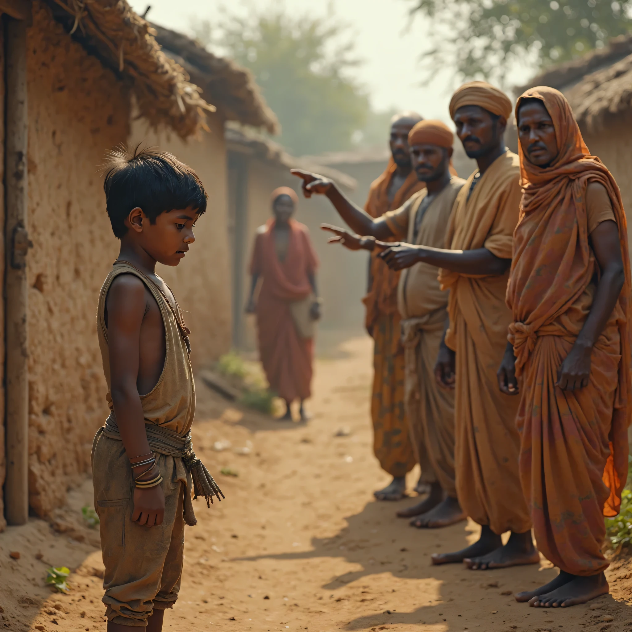Birsa's Childhood in Poverty**
- A young Birsa, dressed in simple tribal attire, is seen helping his parents with daily chores like farming or gathering wood in the forest. The scene depicts the hardships and struggles of his early life, with the backdrop of a harsh rural landscape, symbolizing the poverty in which he grew up.