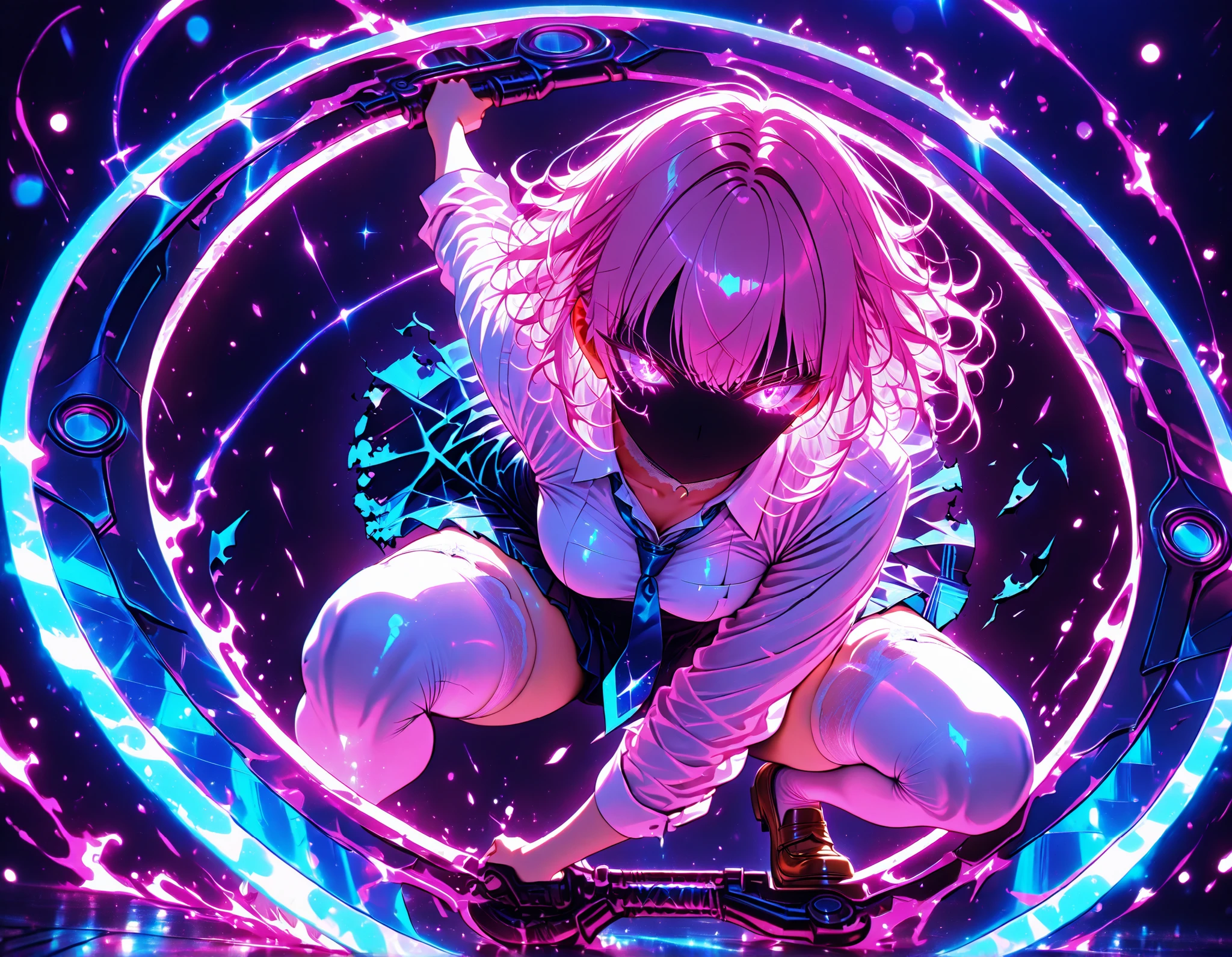 neon art, neon lineart, colorful neon lineart, neon silhouette, silhouette, neon colors, glowing, glow effect, bright outlines, vibrant colors, high contrast, dark background, digital art, extreme perspective、upside-down, backflip、Whole body expression, 1 girl, violet eyes, light pink hair, short hair, cool, beautiful, medium breast, very cute, lovely, kawaii,
, white lace choker, school uniform, neon trims, white shirt, marine blue necktie, marine skirt, intricate white thighhighs, brown loafers, torn clothes, scratch, solo, glowing eyes, looking at viewer, dynamic shot, dynamic view, dynamic pose, holding two ((chakram, windfire wheels)), crouching, foreshortening, bokeh, glittering, sparkling, blood splash, bloody, blood, blue theme, (((black background)))