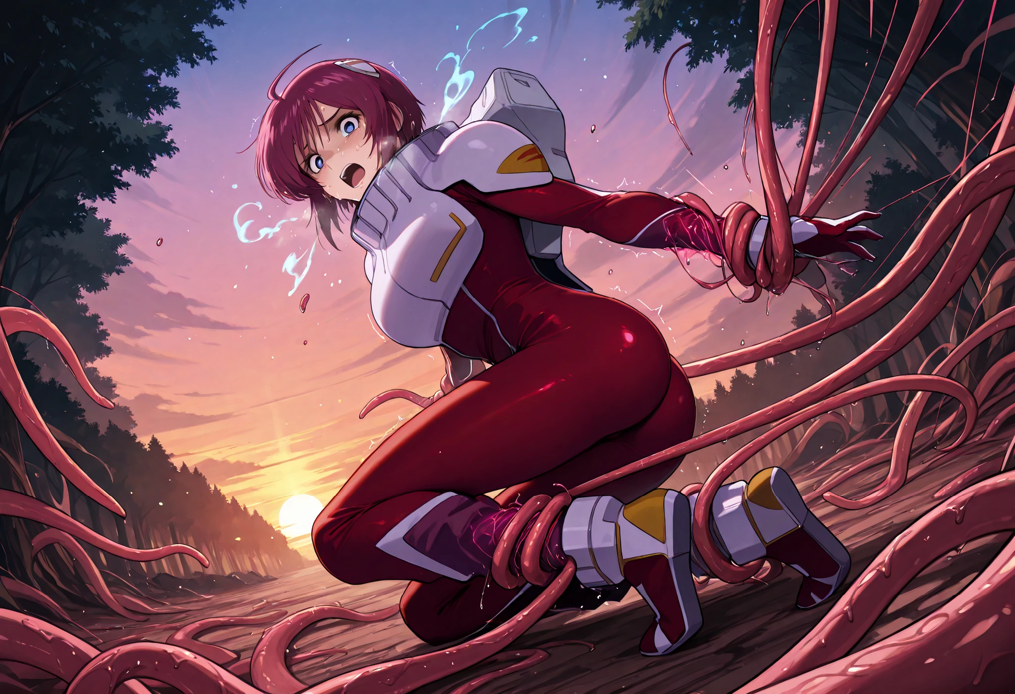 masterpiece, best quality, ultra-detailed, newest, , highres, 4k, absurdres, 8k, colorful,vibrant, glowing, perfect face, 2d, perfect eyes, detailed eyes,score_9, score_8_up, score_7_up,BREAK,masterpiece, best quality, absurdres,A very detailed and Hi-Res image, 1girl, solo,, open mouth, raised eyebrow, (beautiful and detailed face),1girl, solo,, open mouth, raised eyebrow, (beautiful and detailed face),,1girl,full body,,1girl,.((LunamariaHawke)), 1girl, purple hair, ahoge, short hair, blue eyes,(((pilot suit))), (((red body suit))),((lunamaria)),pilot suit,gloves,,1girl,solo,blue eyes,red hair,short hair,ahoge,,eyebrows, ultra-detailed, very aesthetic,scenery, absurdres, perfect , perfect legs, perfect face, clear eyes, beautiful eyes, perfect feet,,NSFW,defined , cute feet, nervous, afraid, scared, worried, (((sweat:1.4))),sweaty, (((breathing heavy:1.4))), movement, motion blur, source_anime, BREAK depth of field, foreshortening, extreme perspective,light particles,cinematic lighting,Visual impact,ultra-realism, anime style, dreamy psychedelic anime, Elegant outfit, perfect figure,beautiful breasts,The background is a dark forest clearing illuminated by faint blue light, beautiful girl, sky background,speed line,action line,obscene sound effect,((scream)),(((tentacles))),binding tentacles, thighs,,adding a sense of elegance and tension,((forest)),(sea),((girl on the ground)),(((girl surprised))),(((girl step back))),((pain)),(((trembling))),(((tentacles approaching))),((upset:1.4)),(pained),tentacles,((many tentacles attack)),(front shot),(in front tentacles swamp),((worm eye view)),(from below),(((low angle))),(((back step))),(((tentacles in front of girl))),(Forest Path),(((evening))),((sunset)),((many tentacles attack)),(((Suspended in sky by tentacles))),(((floating girl))),(((tentacles bind arms))),(((tentacles lift girl body in sky))),(((girl in sky))),(((tentacles pull girl body up))),,(((Surrounded by trees))),(((tentacles bind ankles)))