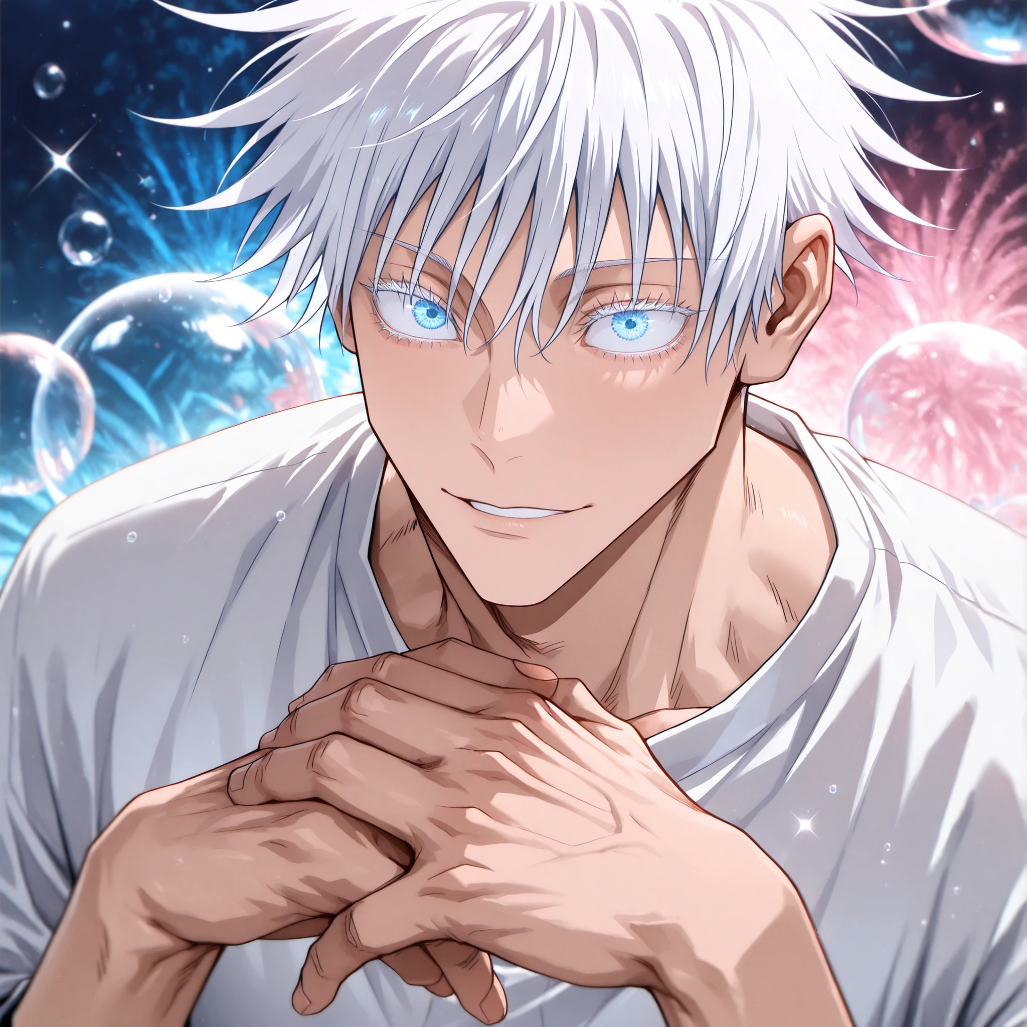 masterpiece, best quality, horizontal, upper body, 1man, adult, male focus, gojou satoru, jujutsu kaisen, white hair, short hair, ((hair between eyes)), colored eyelashes, white eyelashes, blue eyes, intricate eye iris, detailed eyes, muscular male, sexy man, handsome man, handsome face, hite shirt, bubble,sparkles and gold and pink and blue decorations, Perfect Hands,highly detailed