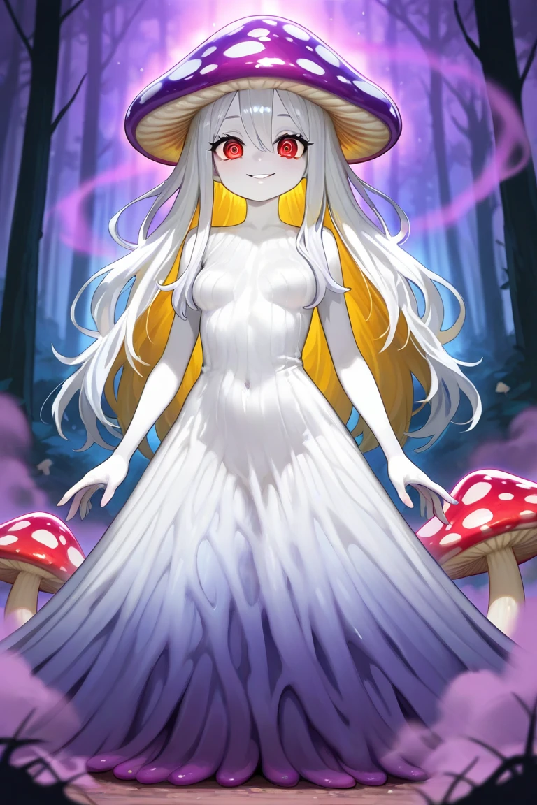 (2heads:1.5), masterpiece, best quality, white hair, gradient hair, pointy ears, brown eyes, pendant, strapless dress, white dress, fairy wings, arm wrap, black gloves, leg wrap, black footwear, night sky, (flying:1.4), minigirl, looking at viewer, forest