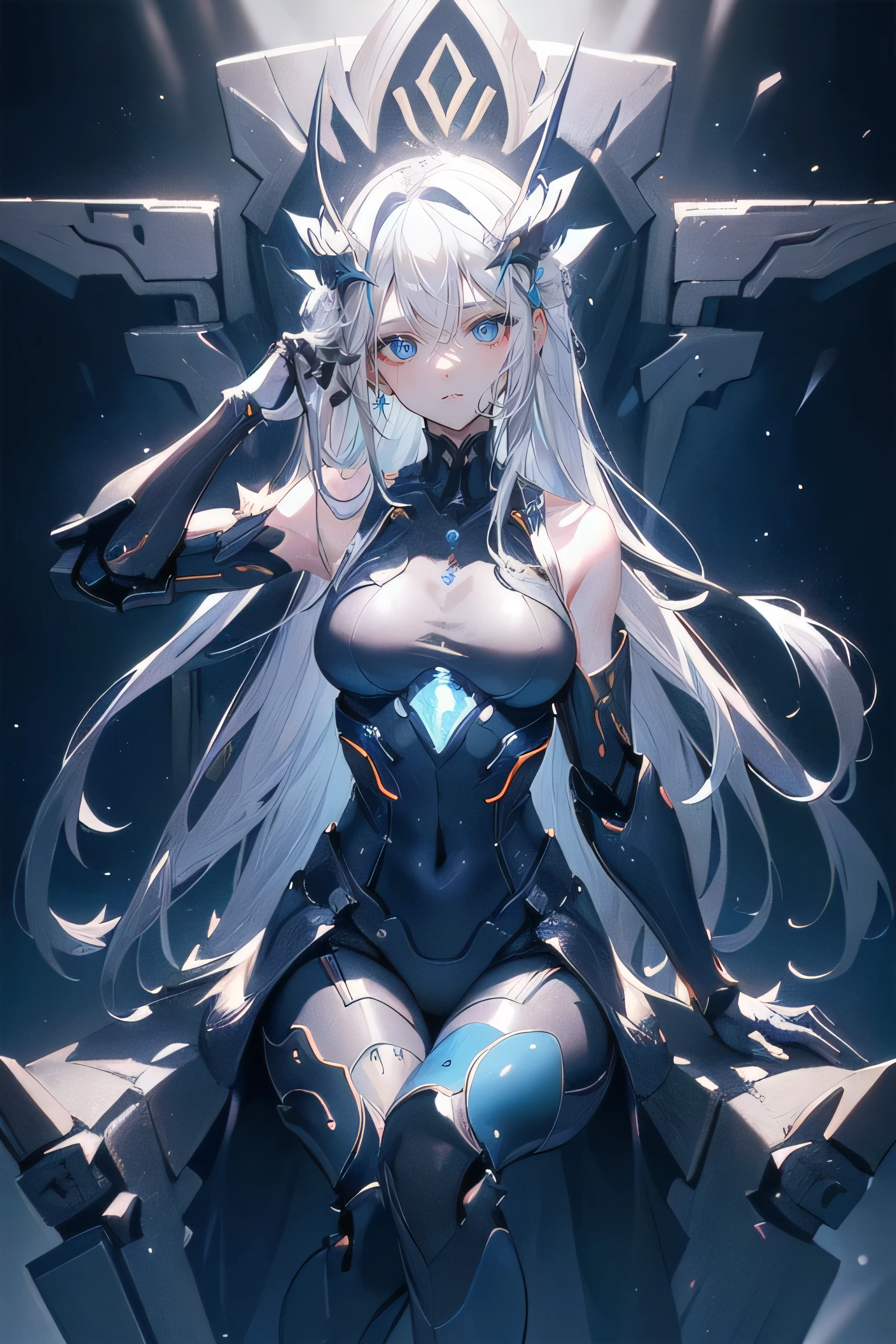 1girl,long hair,leotard,solo,gloves,thighhighs,cowboy shot,bare shoulders,highleg leotard,looking at viewer,detached sleeves,bangs,very long hair,jewelry,white leotard,highleg,gem,thigh gap,groin,yellow eyes,white gloves,strapless leotard,forehead jewel,breasts out,white thighhighs,strapless,long sleeves,ass visible through thighs,hand up,thighs,thigh boots,hair between eyes,detached collar,boots,shiny,hair intakes,arm at side,showgirl skirt,halo,cameltoe,white hair,gradient,sidelocks,shiny skin,collarbone,mechanical ears,<lora:泡è1:1>,flat chest,code: battle seraph \(elsword\),impossible_clothes,expressive_clothes,expressionless,no_pupils,backless leotard,covered navel,scenery,