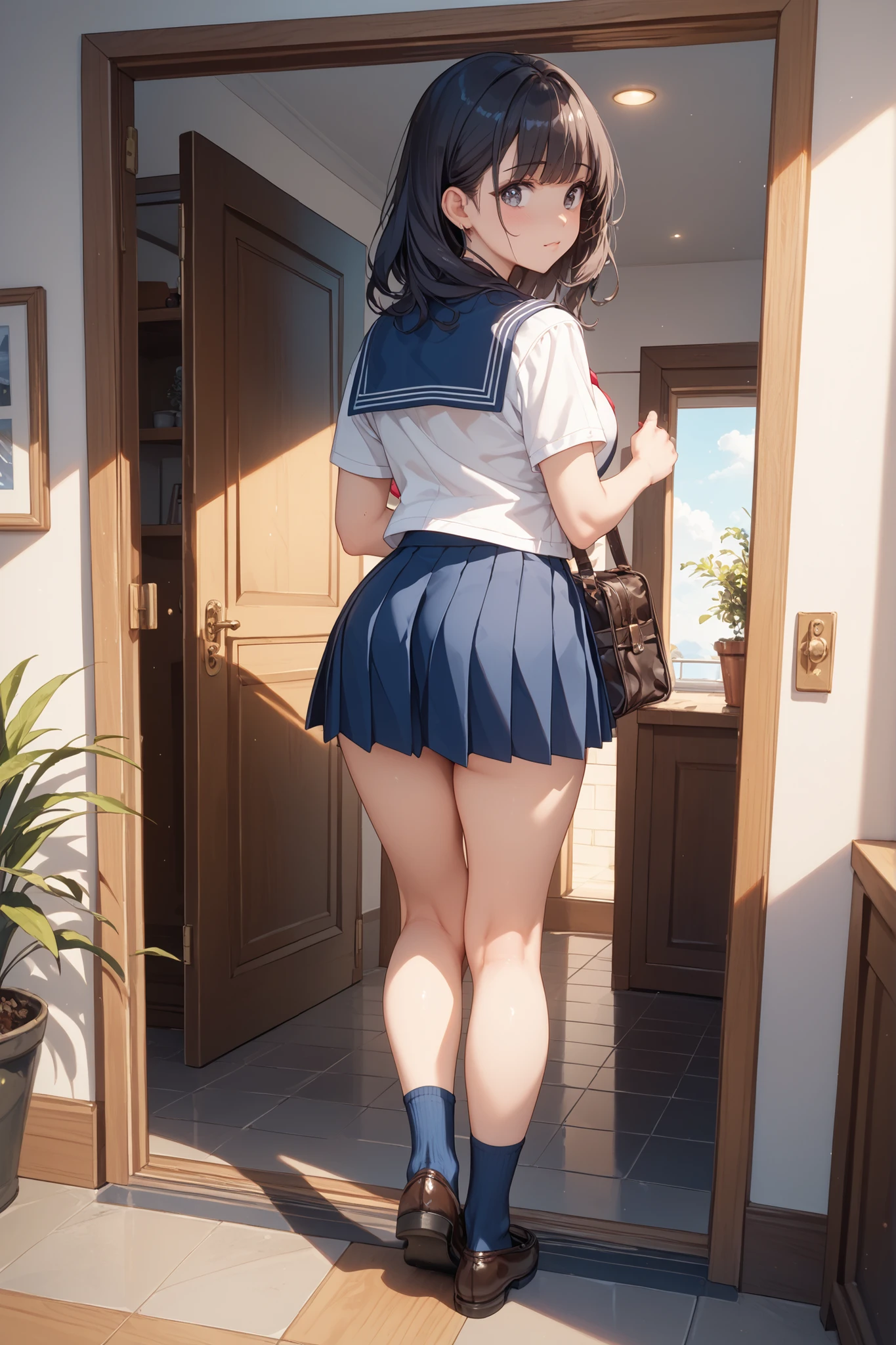 ((Highest quality)), ((masterpiece)), (High resolution), 8K, Best Shadow, The best natural light, Cinematic, (Adult woman climbing the stairs), (Red-brown hair, Cute Bob Cut,)、Looking back, bashful、Stylish white shirt, Sailor collar, Sailor suit, Navy Check Skirt、(Navy blue socks)、((Rear view))、Angle from the rear、Manga panel layout、Cartoon style、Manga Design、Station stairs、(Skirt flipped up by strong wind:1.4), Panties hidden under skirt, Stylish light blue shiny satin panties, Slender body,Beautiful thighs, Embarrassed look