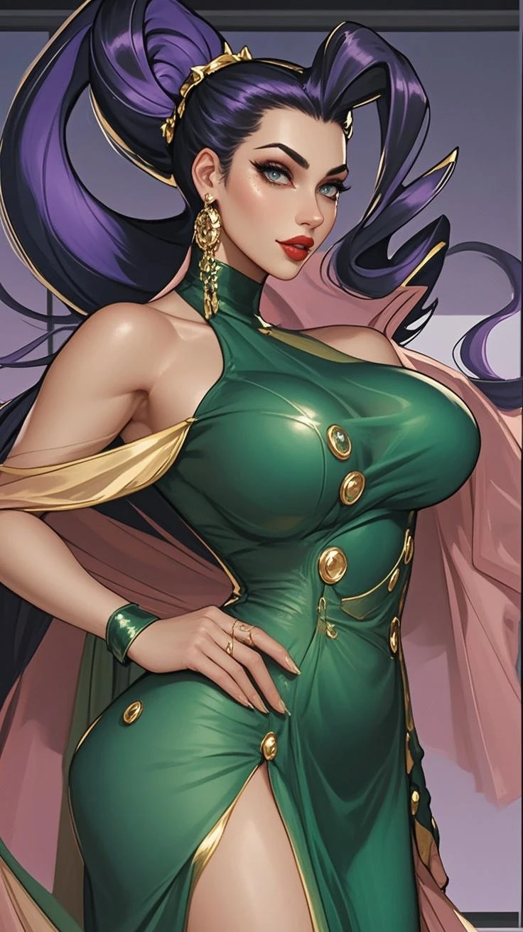 ((((Masterpiece, hiquality, absurdress), 1Woman, black hair, curly hair, hairlong, Green eyes, a perfect face, the perfect body, big breastes, sports body, 独奏, Detailed eyes and face, makeup, red-lips, Masterpiece, Best Quality, hight resolution, Ultra-detailed), slip dress, haute couture, necklace, intricate detials, Cowboy shot, Ethereal fog, fantasy forest, стиль by Dale Chihuly