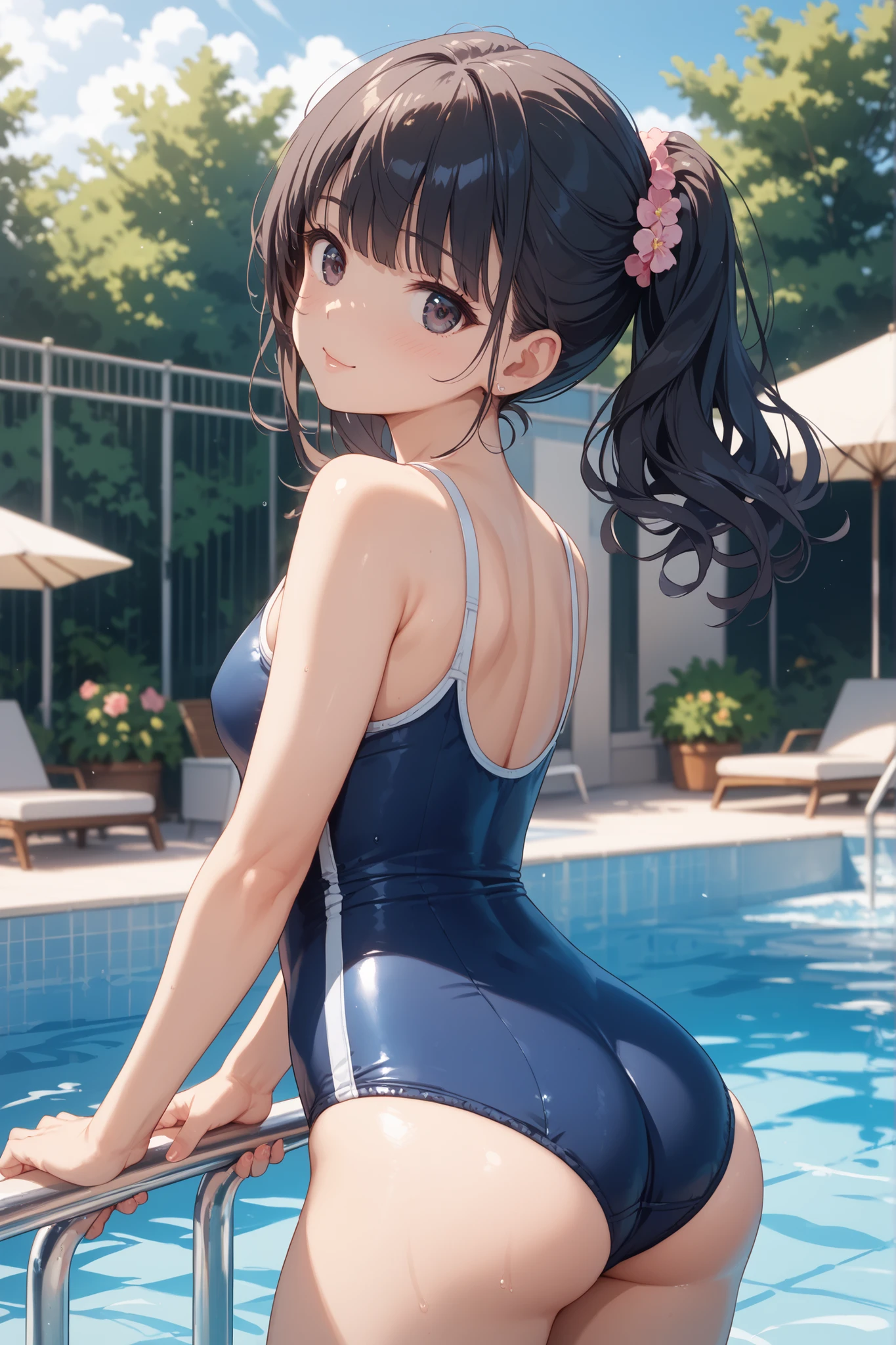 very cute and beautiful girl, (beautiful face and very detailed eyes), (red white latex 1 piece swimsuit),
standing, at the edge of the swimming pool, small colorful flowers on the meadows,
(smile), looking at viewer, black hair, cowboy photo,
(best quality,masterpiece:1.0),absurd,high resolution,ultra-detailed,extremely detailed,32k,
cinematic scene,detailed background,single player,dynamic angle,
hair fluttering in the wind, beautiful detailed sky,