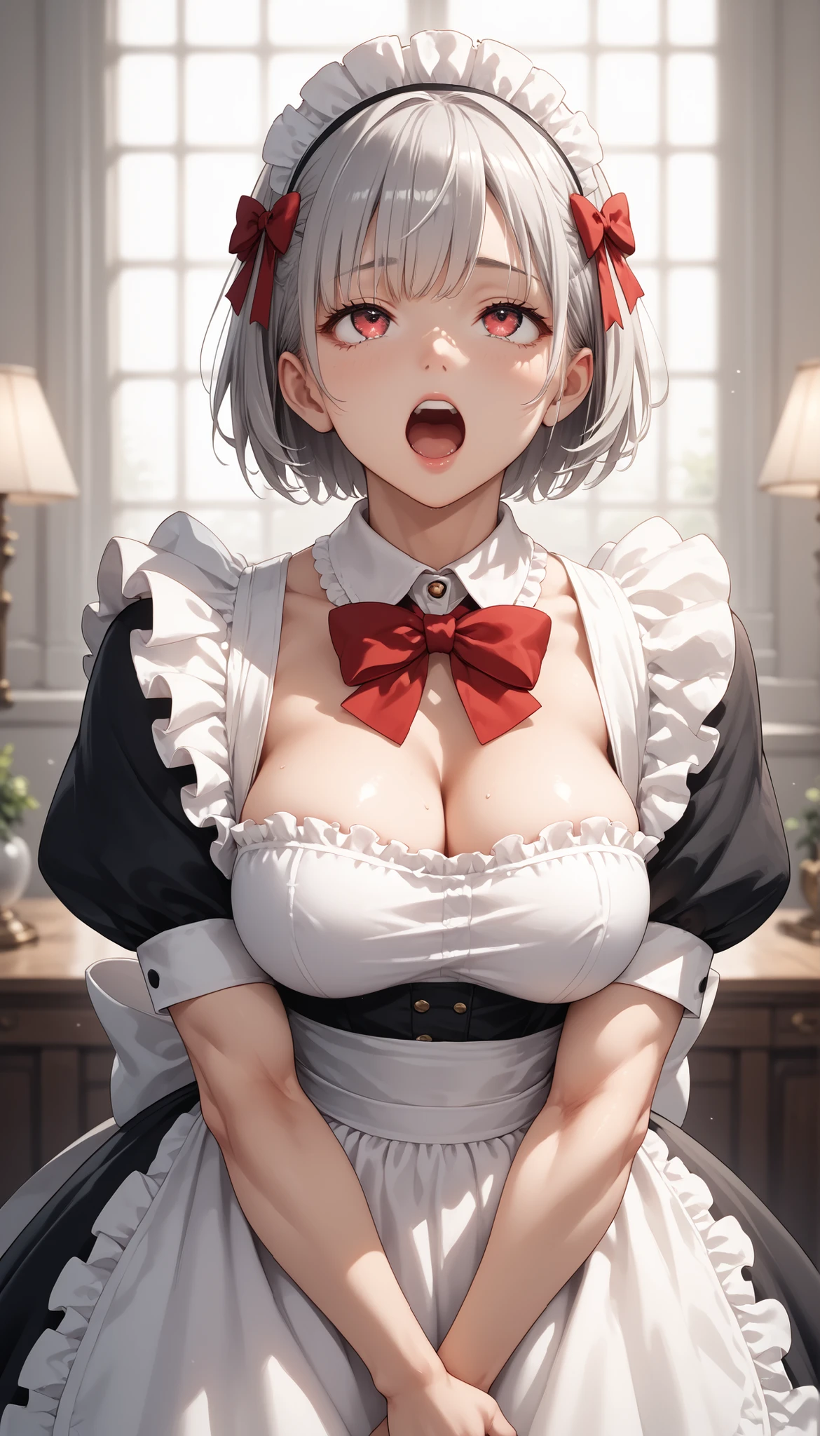 1 girl, A silver-haired girl, rathing_questionable, , sexy, ,score_9, score_8_up, score_7_up, Short hair (detailed anatomical features, anime style:1.2), (best quality, highres, masterpiece:1.2),ultra-detailed, stunning lighting, soft colors, glowing skin, anime, anime style, maid, red bow, (maid costume), seductive ,((hyper muscular:0.5)) , ((big breasts:0.6)) , strong , sexy , Screaming in pain ((look up:1.4)) muscle