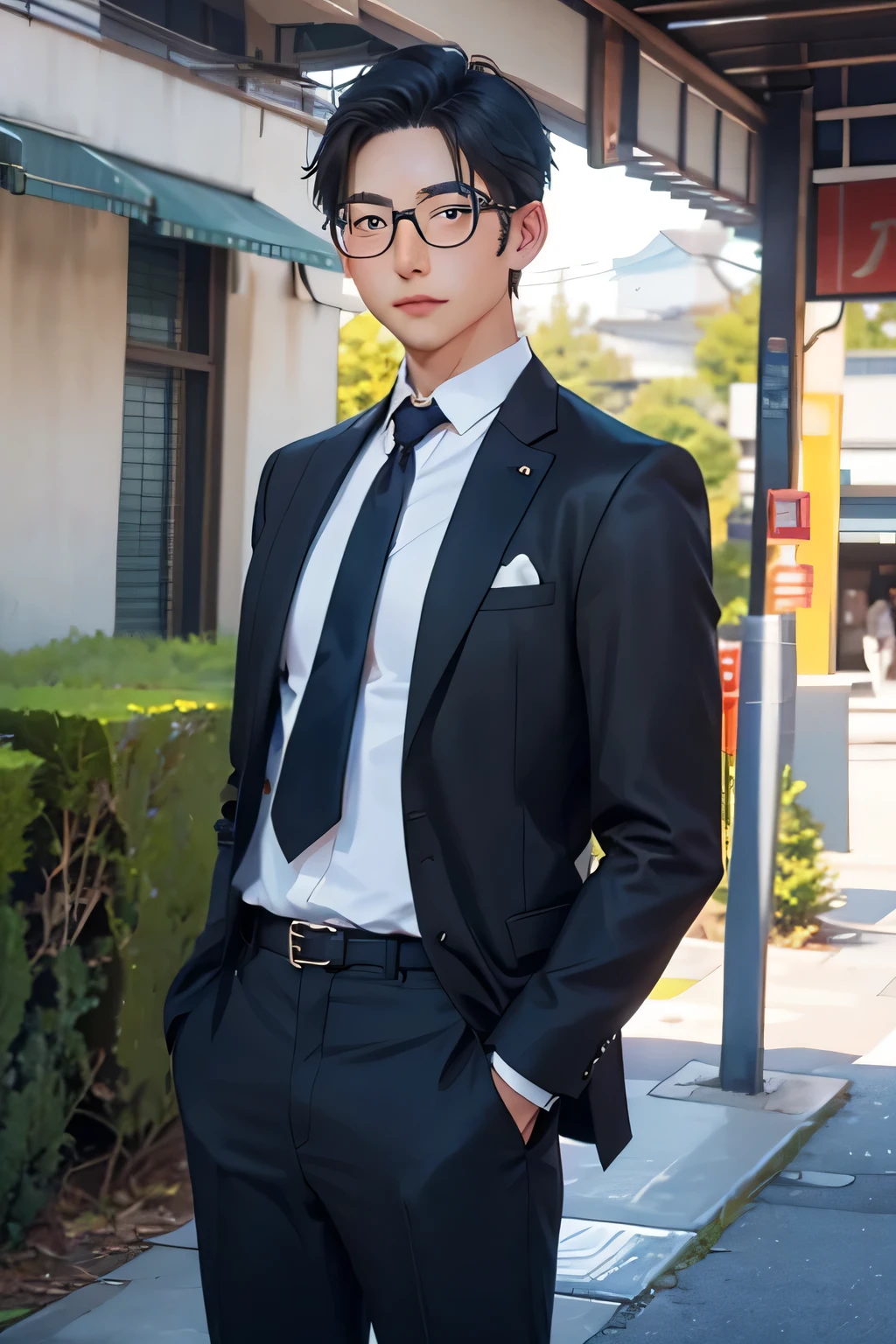 (8k photograph, Best quality, Mastery:1.2),(Realistic, photo-realistic:1.37) Young age,cool guy,Mark Tuan,Got7,White-skinned,Detal Face,Gray eyes,Black hair,Black suit,sensei, The Yakuza,With glasses,There are school buildings in the background,actionpose,There is discipline,necklac,