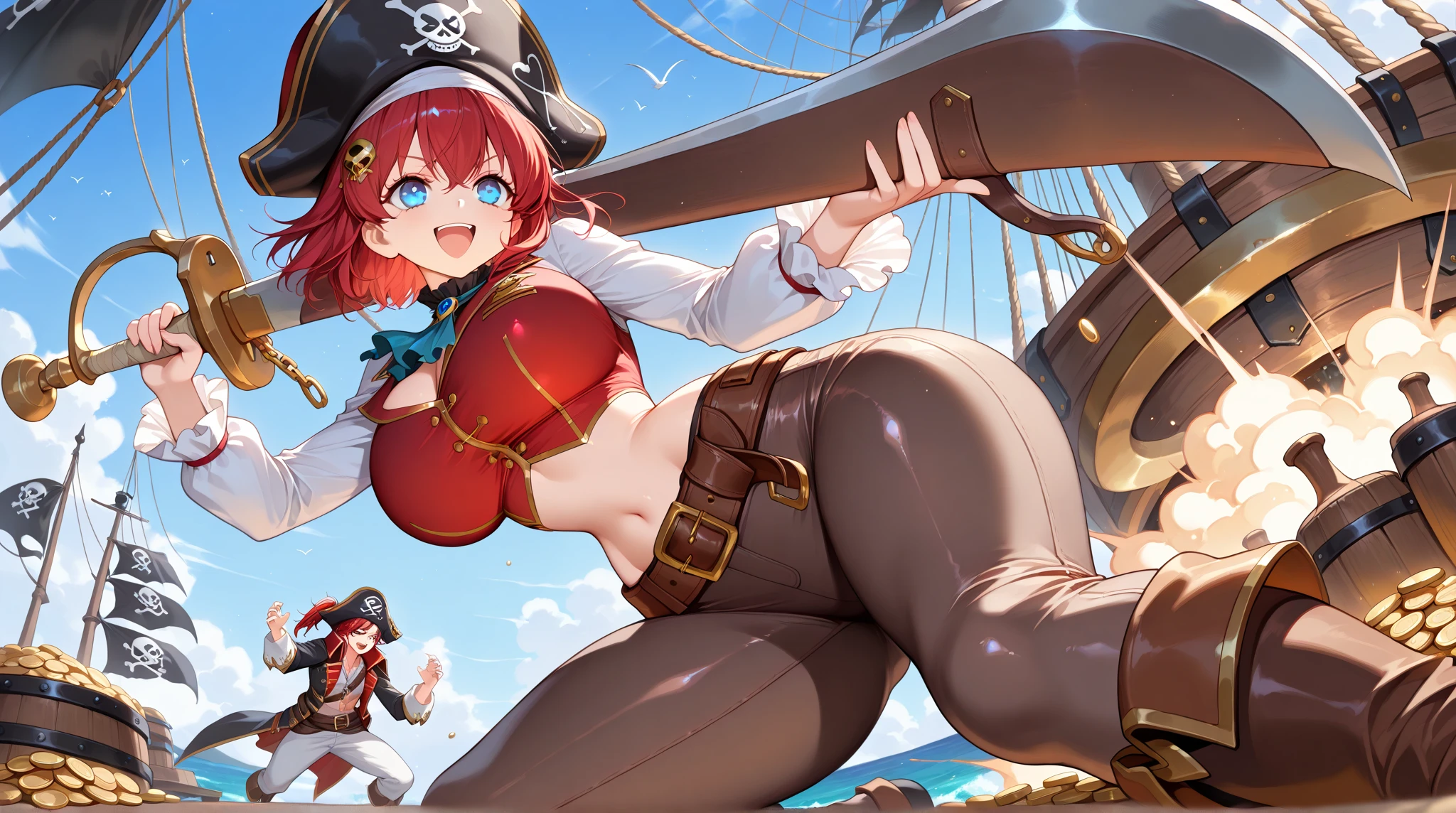 (((masutepiece, Detailed:1.3))), Big female pirate opening a treasure chest, Red and white hair, Long hair, Huge boobs, leather pant, light emanating from the chest, Cold quince, Beach, Palm Tree, Map of Treasue, Sunny weather, vague, Pirate ship in the background,
