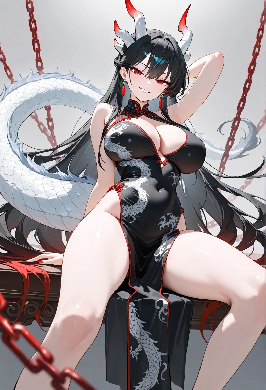 masterpiece:1.2, 1women, solo, (dragon girl), (best quality), (real picture, intricate details, depth of field), make up, parted lips, highly-detailed, perfect face, (huge breasts:1.8), (skindentation), attractive waist, tall, glossy coral lips, moderate musculature, moderate abs, (toned abdomen, beautiful navel), (black folder ponytail hair:1.2), ((beautiful bright yellow eyes)), sexy, ((in only lace underwear and stockings)), black underwear, black stockings, (blushing, drunk), peaceful expression, disproportional tits, hanging breasts, (outdoors), (night mere at the edge of the forest), (drops of water, wet clothes and hair), (((one dark red downward-pointing horn))), (((long scaly tail and one huge black webbed wing))),