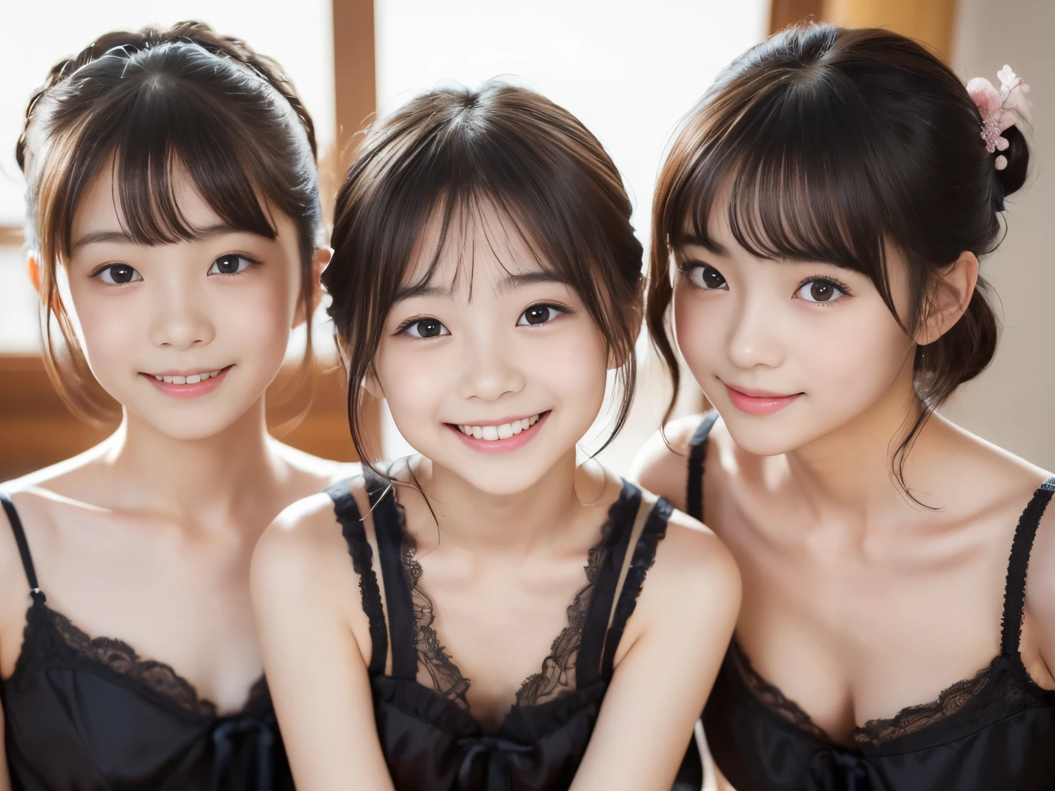 (((masterpiece))), ((( full body display 、抱き合うsister、 with a huge smile))), (beautiful Japanese girl, 二人の可愛いsister) ,(ultra-high precision, realistic, very detailedな, 8k,top quality, very detailed, Detailed Background),(slender figure,flat chested,small breasts,とても美しいbeautiful Japanese girl), (detailed faces with ofisu:1.3), (boyish short hair、with beautiful dark hair :1.4), (face, cute,adorable beautiful), (perfect body:1.1),Very detailed face、detail lips、very detailedな目, Accurate limbs,junior gravure idol,Beautiful skin、 Beautiful skin ,realistic:1.37,No makeup,(top quality, masterpiece), (sister,elementary school student),Red cheeks、 cute negligee、I'm throwing pillows