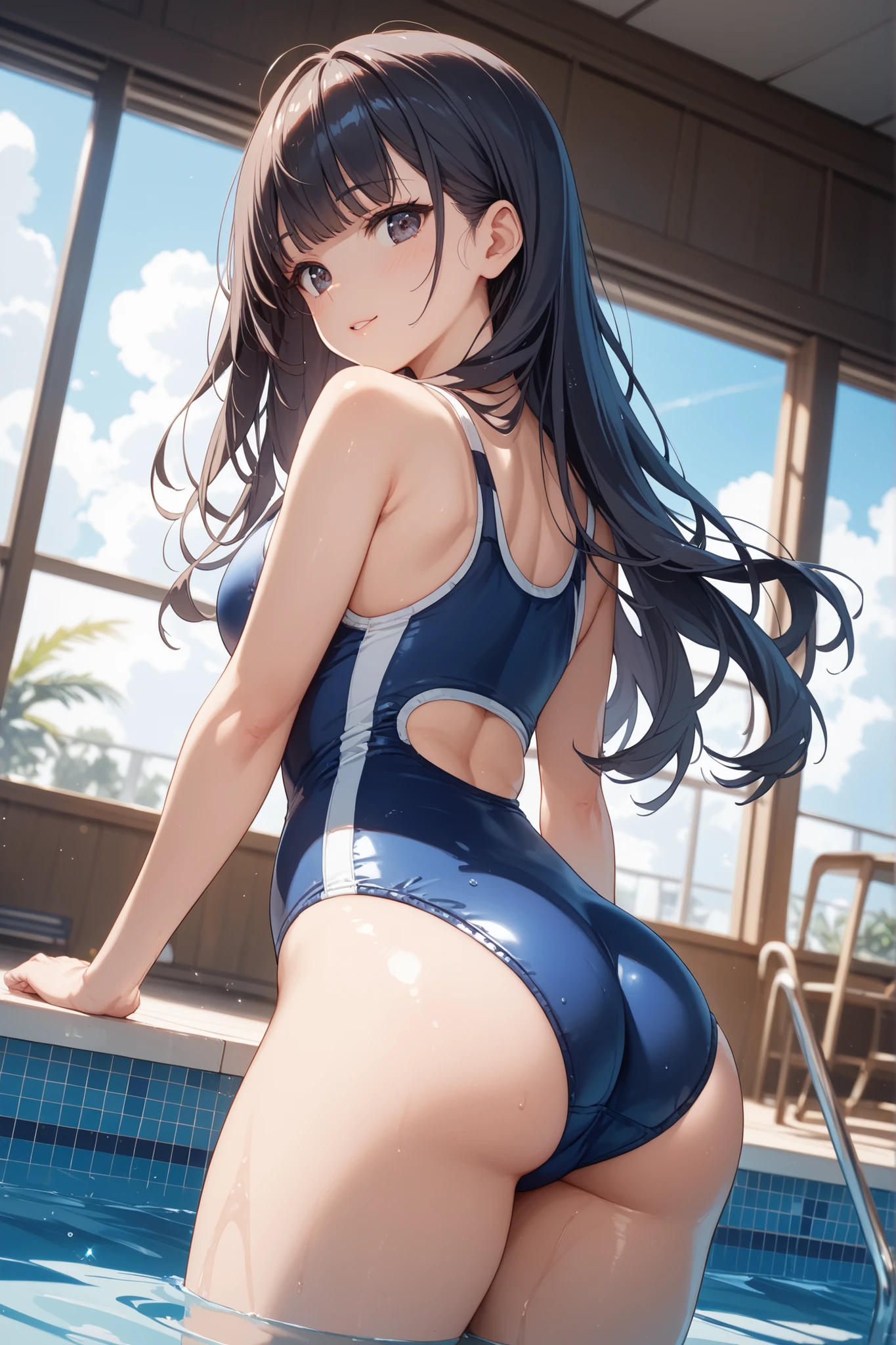 (((school swimwear)))、Beauty、Purple hair upstyle、((whole body))、(((photo taken from below)))、pool