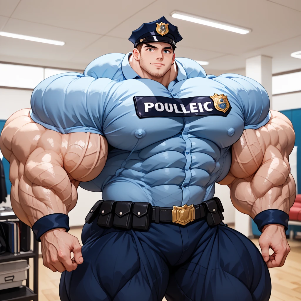 full view full body, one muscular man wearing tight navy-blue police uniform, skintight buff straps, latex rubber boots tight bara, attractive white europen bodybuilded man with light-brown undercut clean haircut, gay full-bodied bodysuit , gloves , smiling, shiny black mortorbike, street Versailles, France. Boots are visible