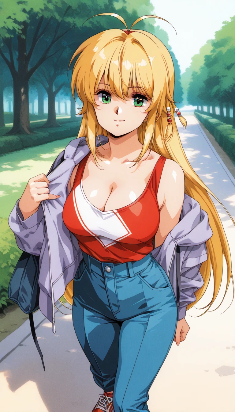 (Best quality:1.3), kitagawa, large breasts, cleavage, unzipped track jacket, yoga pants, smiling, street background, (pov, close shot, flirting)