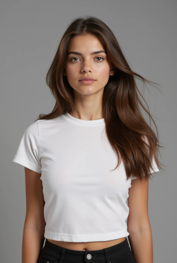 beautiful cuban woman, standing straight facing forward,with white t-shirt, denim jeans pants, on a greyish background, cotton t-shirt texture, fitted t-shirt, round neck, striped tights. Medium camera shot.