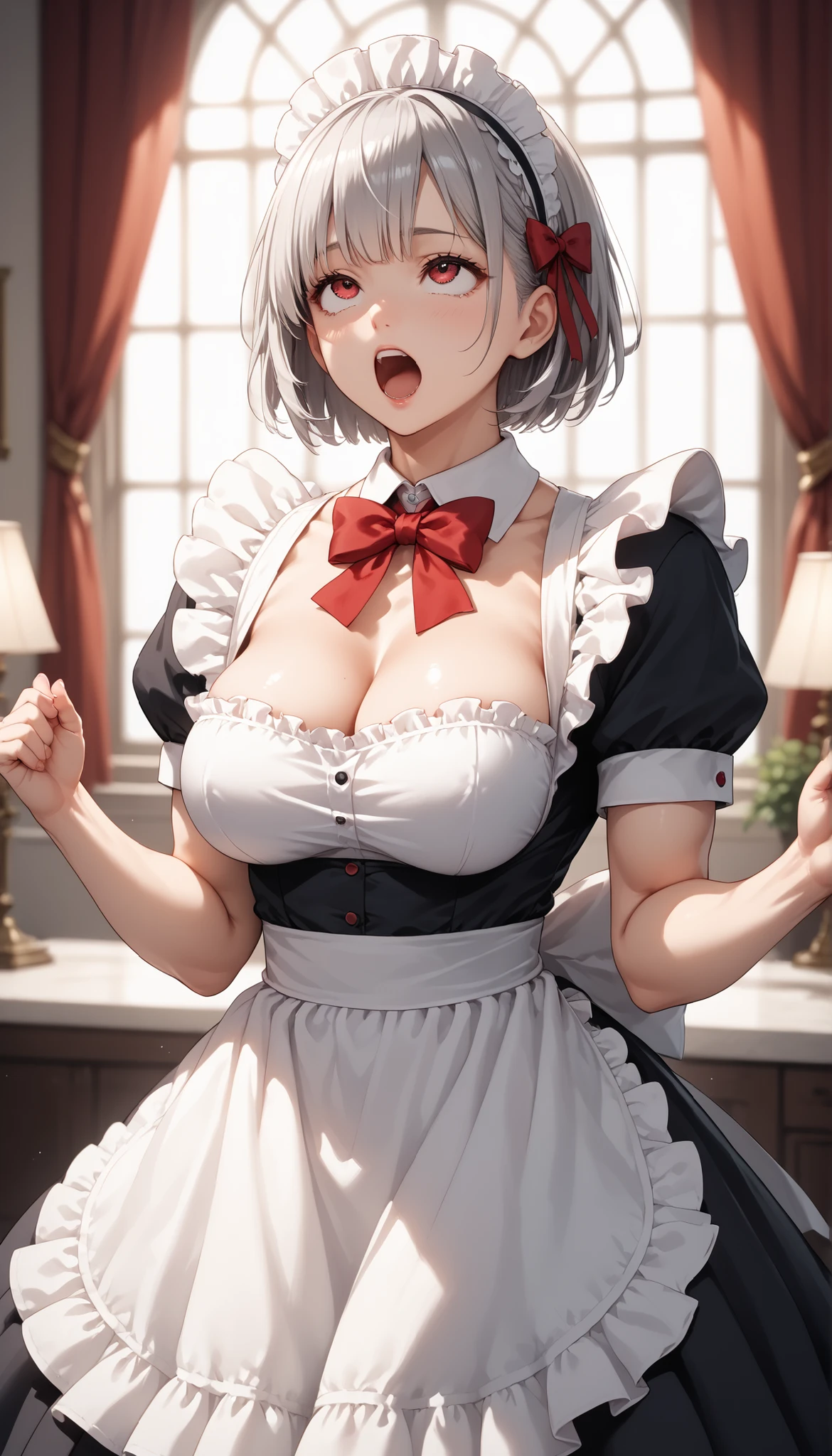 1 girl, A silver-haired girl, rathing_questionable, , sexy, ,score_9, score_8_up, score_7_up, Short hair (detailed anatomical features, anime style:1.2), (best quality, highres, masterpiece:1.2),ultra-detailed, stunning lighting, soft colors, glowing skin, anime, anime style, maid, red bow, (maid costume), seductive ,((hyper muscular:0.7)) , ((big breasts:0.7)) , strong , sexy , Screaming in pain ((look up:1.4)) muscular