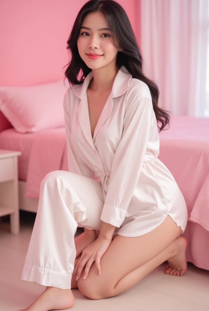 Ultra HD face,1 woman,Silk pajama beauty, beautiful face,Slender thin legs