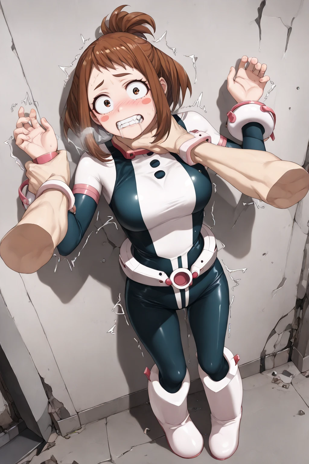 Ochako Uraraka, brown eyes, brown hair, short hair,blush, blush stickers, bodysuit, skin tight, superhero, Hands tied behind your back　Red rope, Tortoiseshell binding, Very large breasts　Black iron collar　Being taken away　whole body緊縛, 　 While crying　 Hands tied behind back with rope, Highly detailed face, Perfect lighting,, (Perfect hands, Perfect Anatomy), Very big boobs 　whole body緊縛, whole body((shibari, Put your arms behind your back:1.4)), ((Put your hands behind your back)), ((Tied up with rope)), ((Tie your hands behind your back)), ((Rope Restraints)),(steam:1.5),(Wet:0.8),(trembling:0.8),(tears:1.5) ,(drooling:0.6),(sweat:0.8),(Drooling:1.2),Open your mouth,background(forest),Blindfold,,nsfw,(spread pussy wide:1.1),(pussy focus:1.3), (bare pussy:1.1), (Vaginal hole:1.3),(urethra:1.1),(syphilis:1.1), (pussy peek:1.3) nsfw,on back ,lying,(1boy,penis,missionary sex:1.7),(spread legs open wide:1.4),(intense sex to intense hips shake and intense thrust:1.7),alluring move, exposed sex drive,(penis inserted in pussy:1.3),cum overflow,　
