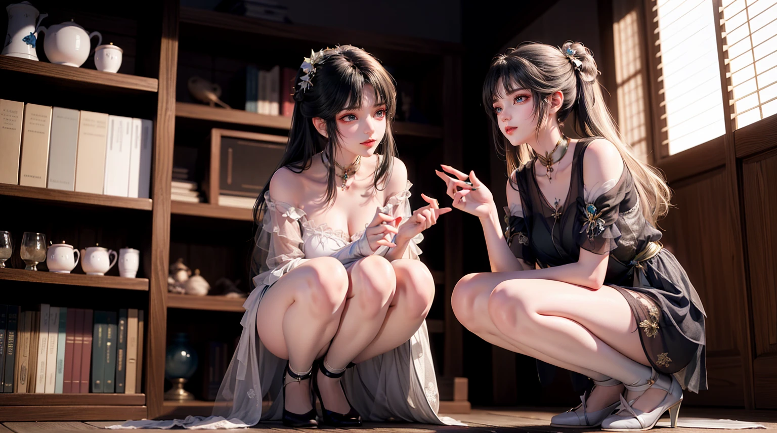 silver hair elven twins (two girls), messy hair, dusty hair, small body, with long pigtails, kneeling , inside of a cage with large iron bars, In a gray simple peasant dress, short and dirty and scretched,, dress lifted and scratched and damaged, no top, undressing, fearful expression,, crying eyes and expression, showing pointy teeth, pointy ears. (only two girls), bruises on the body and her faces, blood stains in the clothes