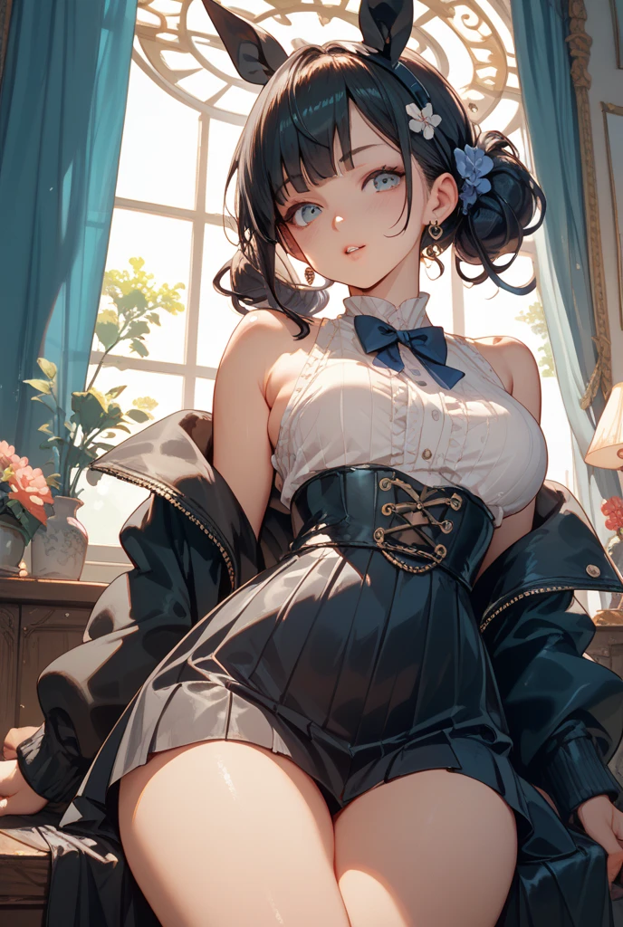 absurdres, RAW photo, extremely delicate and beautiful, masterpiece, Best Quality, ultra high resolution, 32k, hyperrealistic, ultra-detailed, in her 20s, delicate facial features, tearful mole, earring, medium breasts, full body shot, shorter middle hair, black hair, skirt, button up shirt,