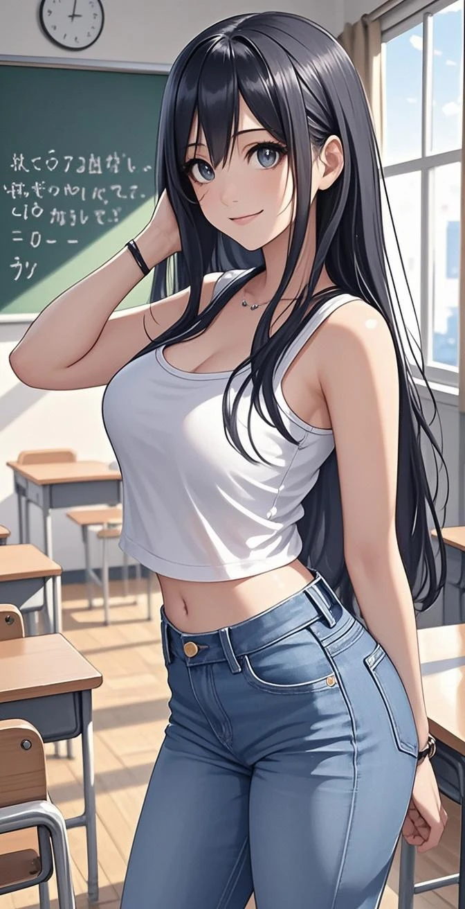a girl at school with a fuller body, shorter clothes, a little thinner and shorter clothes make her white and shorter clothes put her in a tight mini skirt and a transparent shirt