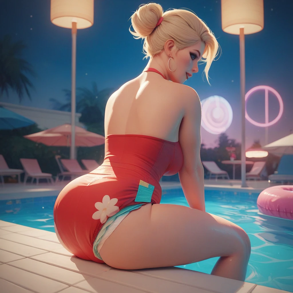 sgwen, open mouth, tongue out, drooling, winking, orgasm elbow gloves, slutty pink underwear, bra, nsfw light smile, small breasts, sexy pose, pussy, bending over, back view, huge ass, pornstar, looking back at viewer,. night, city, indoors, (insanely detailed, beautiful detailed face, beautiful detailed eyes, masterpiece, best quality), 