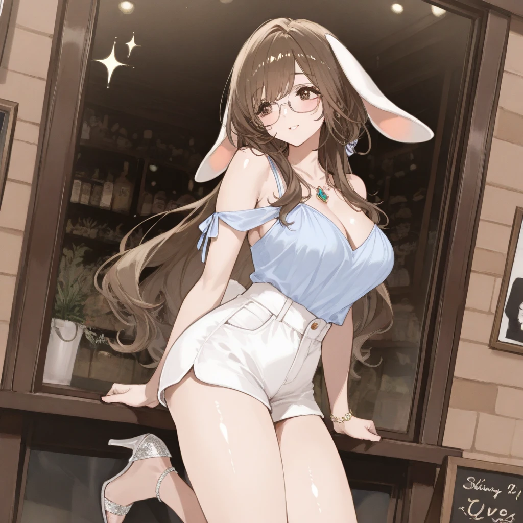 (((masterpiece))), ((highest quality)), (Very detailed), ((High resolution)), ((8k)), (Anatomically correct), (The correct number of fingers), One Woman, Big Breasts, Chestnut Hair, Bun hair, Long Hair, Twin tails, Very cute woman, delicate, Charming smile, Blue eyes, Bright Eyes, Best moment, Vivid eyes, cute, Beautiful Skin, cute顔, delicateな腕, Detailed skin texture, Intricate details, Very detailedな顔, Beautiful Eyes, Thighs, Waistline, Night Bar, ((Bunny girl)), (Fake rabbit ears head dress), Sweat, Shiny clothes, Beautiful legs, Looking up, Sit on the ground, Place both hands on the ground, blush,