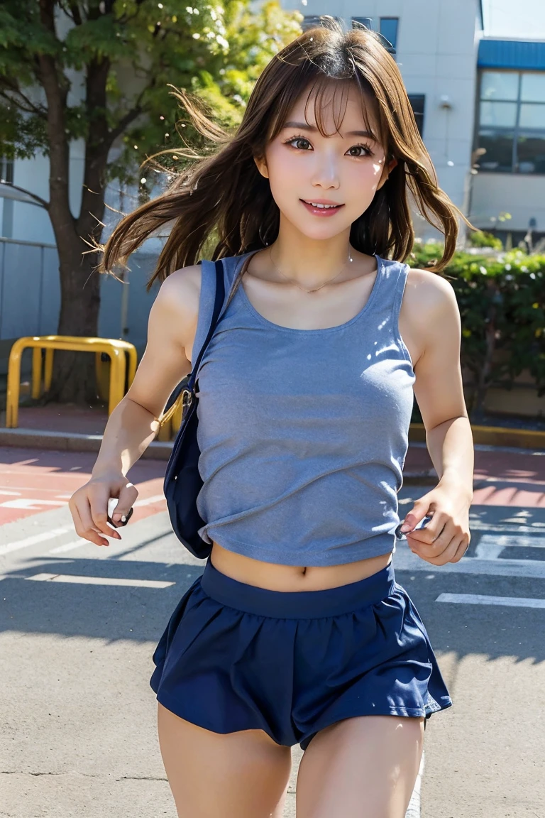 ((Best Quality)), ((Mastepiece)), (Detailed boobs), (Perfect Face:1.8), (perfect eyes), (super detailed), (perfect detailed fingers) ,Highly detailed facial and skin texture, (perfect body), (perfect face), 1girl, ultra detailed eyes, (Japanese cute idol, Phenomenally cute face, kawaii), baby blue short tank top, baby blue ultra short mini skirt, no panties, (pull down panty to the ankles:1.2), undressing, (medium tits), (smile:1.3), laughing, open mouth, very slim legs, pigtails, short hair, (looking at viewer), (walking to school with a randoseru), (their walk to school along the school route in a residential area), (No makeup:1.2)、(very thin and beautiful thighs)、Very 、Very small ass、Very short stature、11-year-old girl、(Baby Face:1.2)、(hairless pussy is visible:1.2),