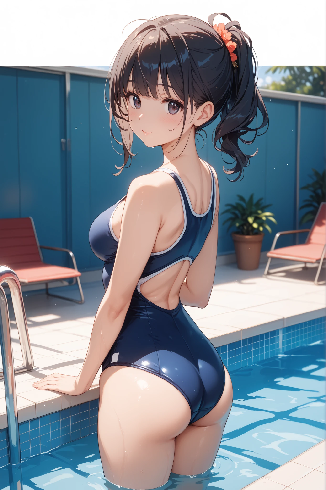 (highest quality、High resolution、detailed background)、(Highly detailed beautiful face:1.4)、anatomically correct、cute teenage girl、(three women:1.2)、cute hair color、braided bob、bob cut、braided ponytail、(huge breasts:1.2)、realistic、perfect body line、thick thighs、Attractive big ass、healthy body、cute gesture、cute、cowboy shot、
(Three beautiful girls wearing thin, see-through school swimsuits stand side by side with their backs to each other in the school pool。:1.5)、(A beautiful girl is staring at me:1.5)、
(Close-up angle、close-up underwear from below), from below、Low - Angle、
Highlight your attractive buttocks、Emphasize feminine silhouettes、Stretch material makes your body line look beautiful、Accentuate your attractive big butt、Swimwear that is wet and sheer、Sexual buttocks、healthy charm、wet with water、my hair is wet too、cute gesture、cute