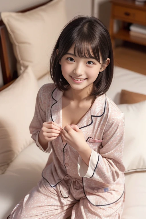 One girl, Fluffy short hair,Black Hair,smile, Pink Silk,Bed,Sit down,Legs together,Innocence,5th grade elementary school,Look here,Small swelling in chest,transparent, (masterpiece, Highest quality), Soft Light, Structure of the film, Like a movie