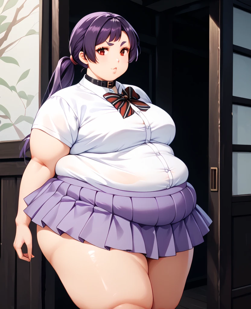 (masterpiece, best quality), 1girls, big belly, blurry background, huge belly, art by kipteitei, round belly, chubby, curvy, white button-up shirt, skirt, thighhighs, simple_background, gradient_background, belly bursting out of shirt, belly grab, enormous belly, fat belly, thicc, bigger belly, sitting on chair, really big belly, jiggly belly, shirt covering belly, belly cover by shirt, glasses